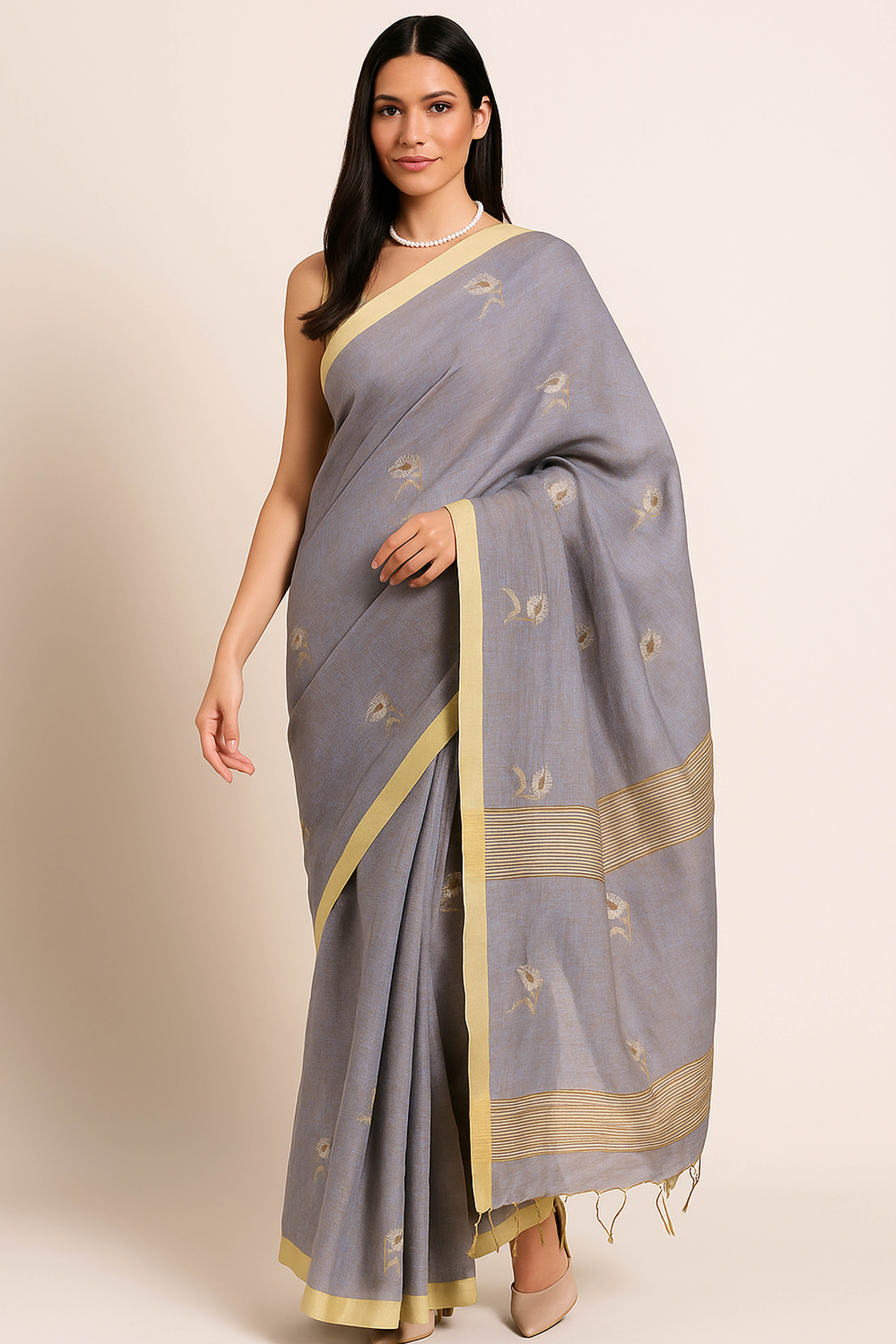 Urvashi Tissue Linen Saree in Grey Colour with Golden Zari - Indian Handloomz