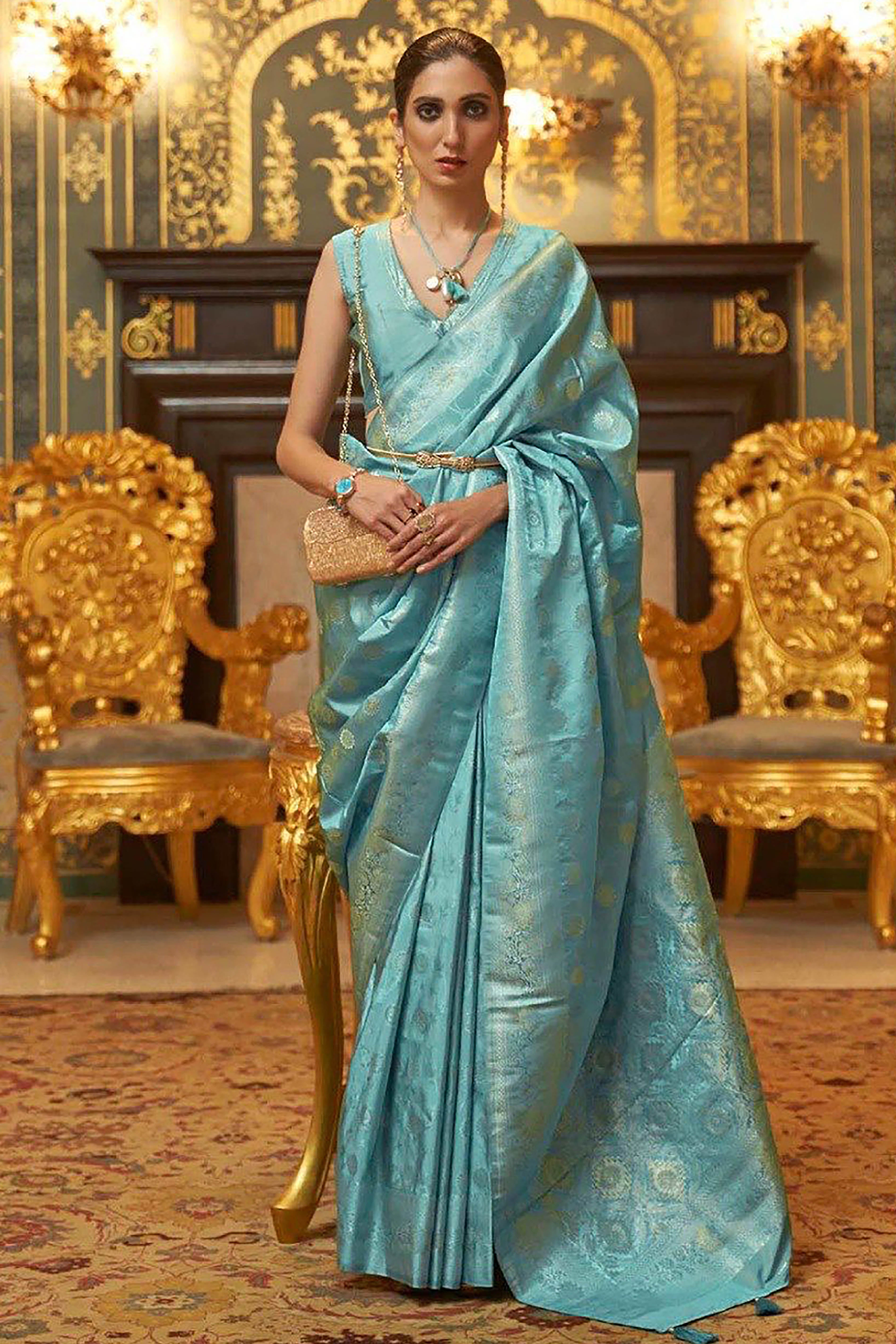 Samruddhi Kanjivaram Silk Saree in Sky blue colour with all over golden zari weaving - Indian Handloomz