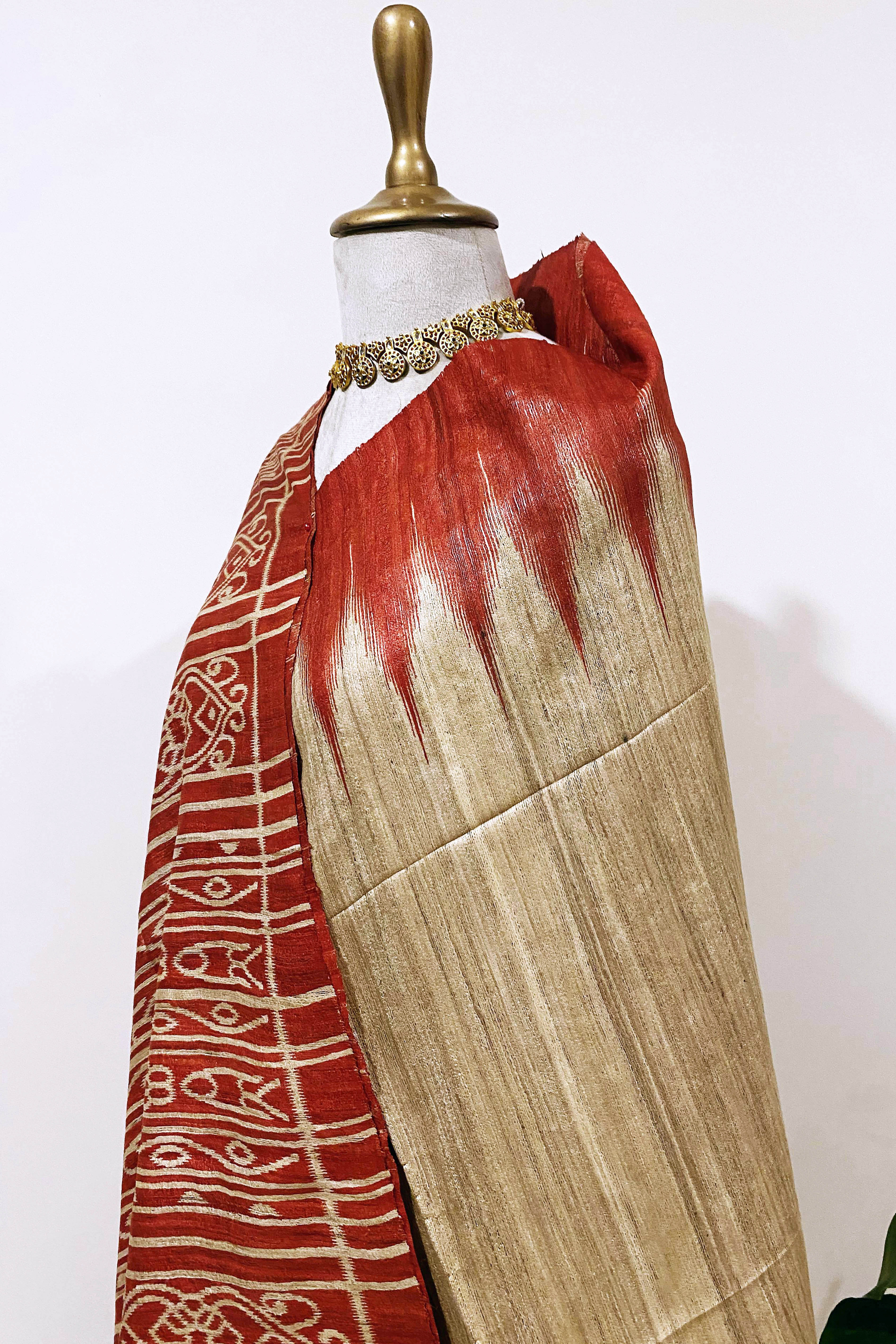 Vansi Pure Ghicha Tussar Silk Saree in Ikkat Design Beige & Red