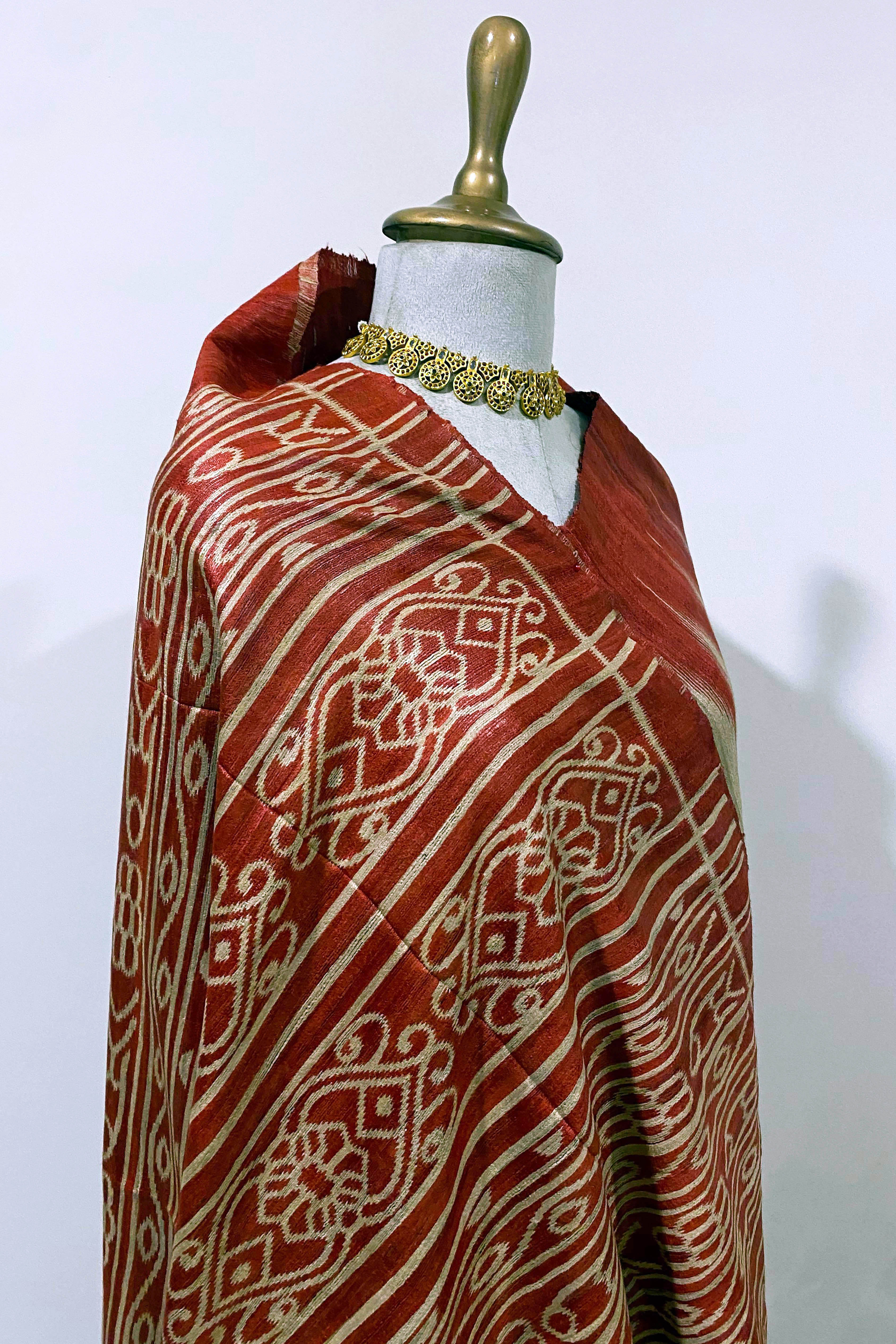 Vansi Pure Ghicha Tussar Silk Saree in Ikkat Design Beige & Red
