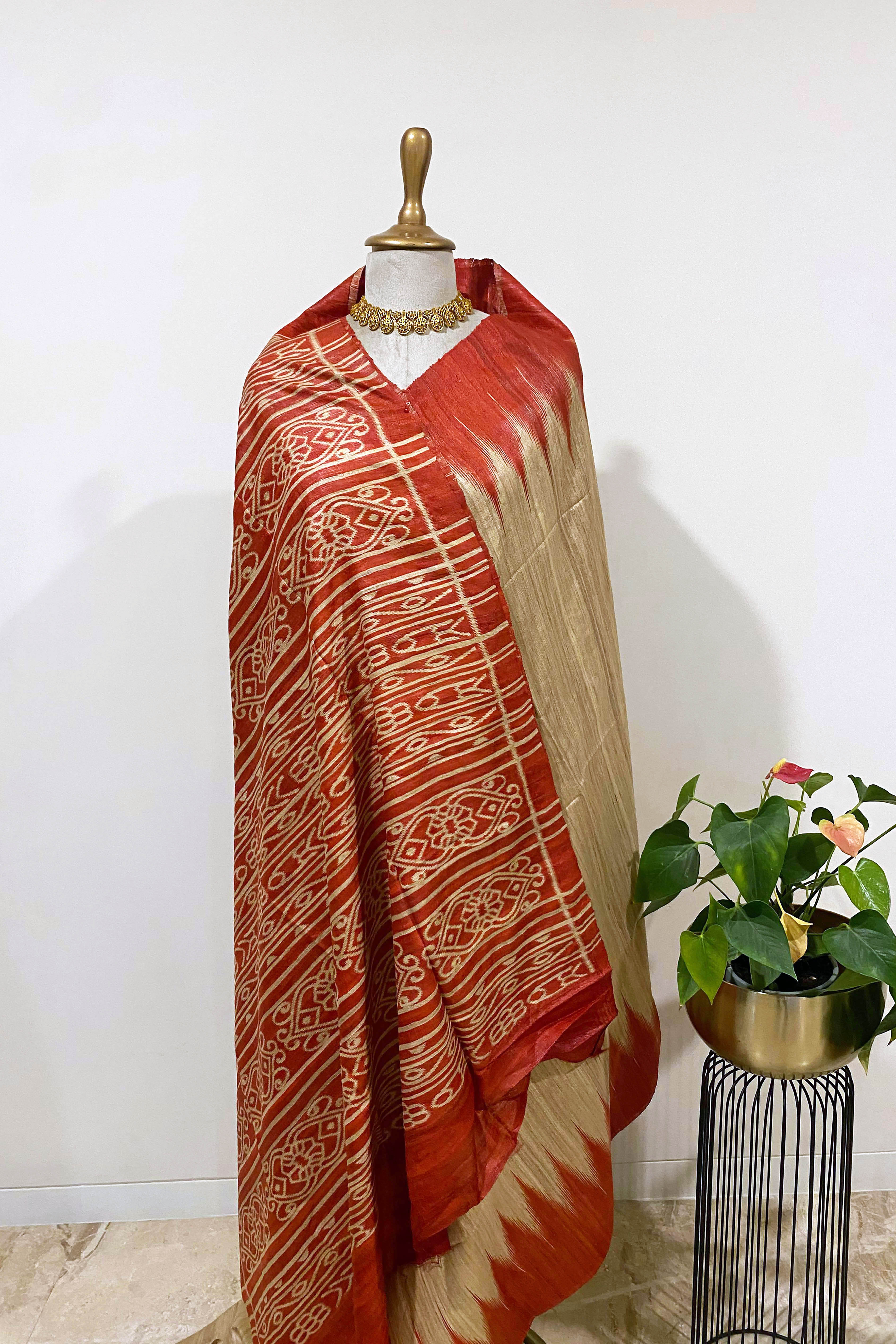 Vansi Pure Ghicha Tussar Silk Saree in Ikkat Design Beige & Red