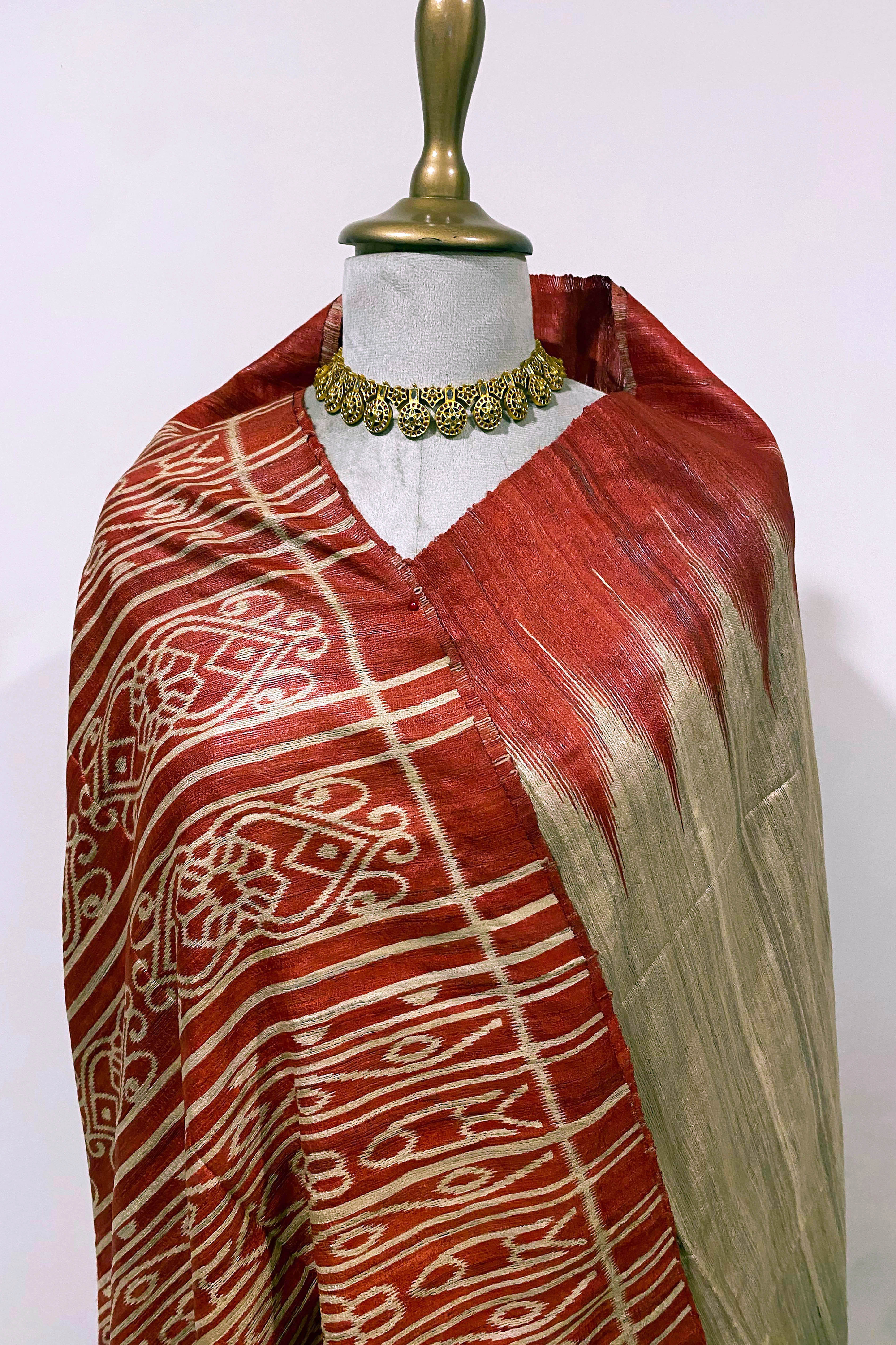 Vansi Pure Ghicha Tussar Silk Saree in Ikkat Design Beige & Red