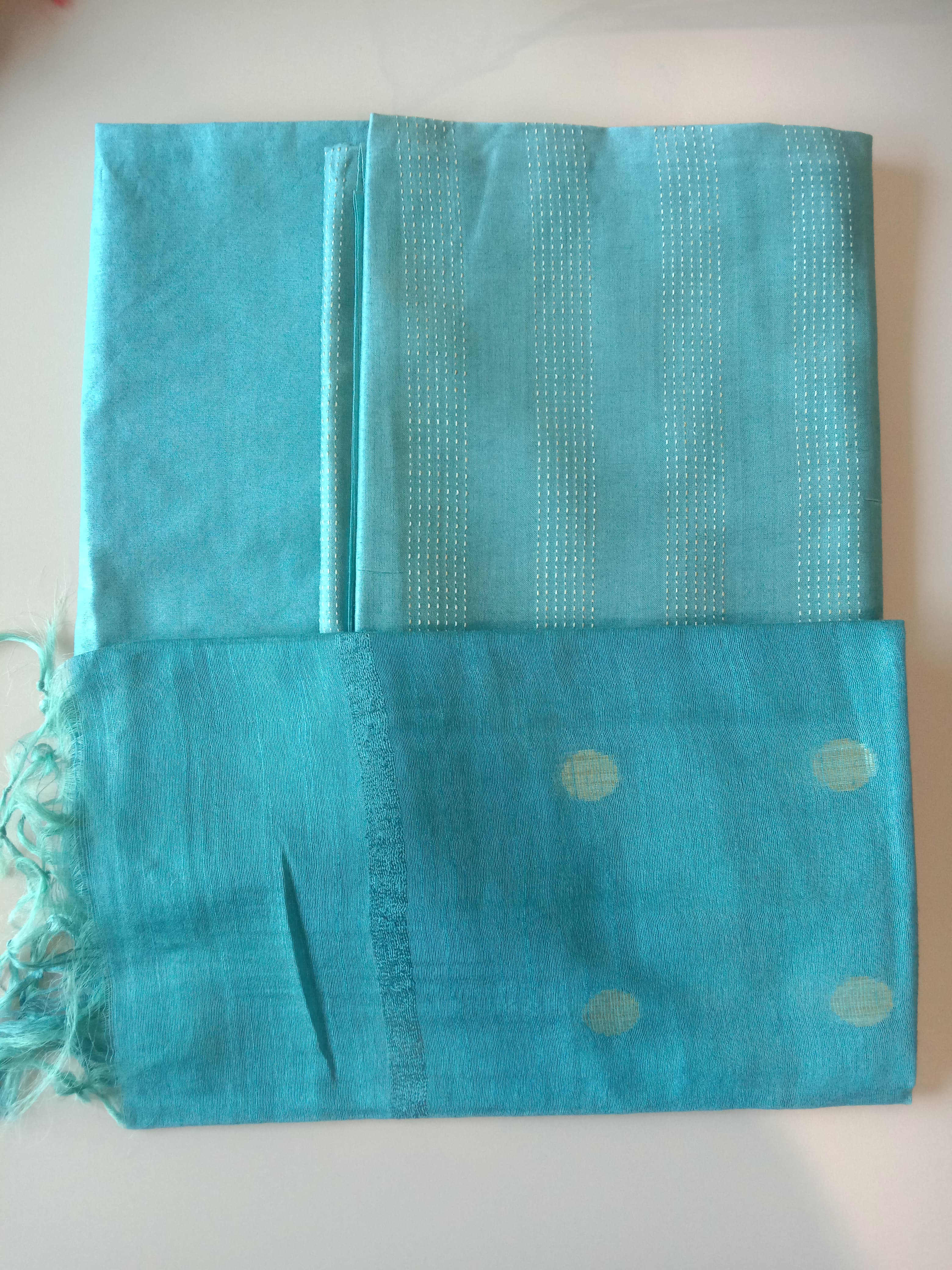 Nisha Banarasi Cotton Silk Unstitched Suit Set in Peacock Blue Colour - Indian Handloomz