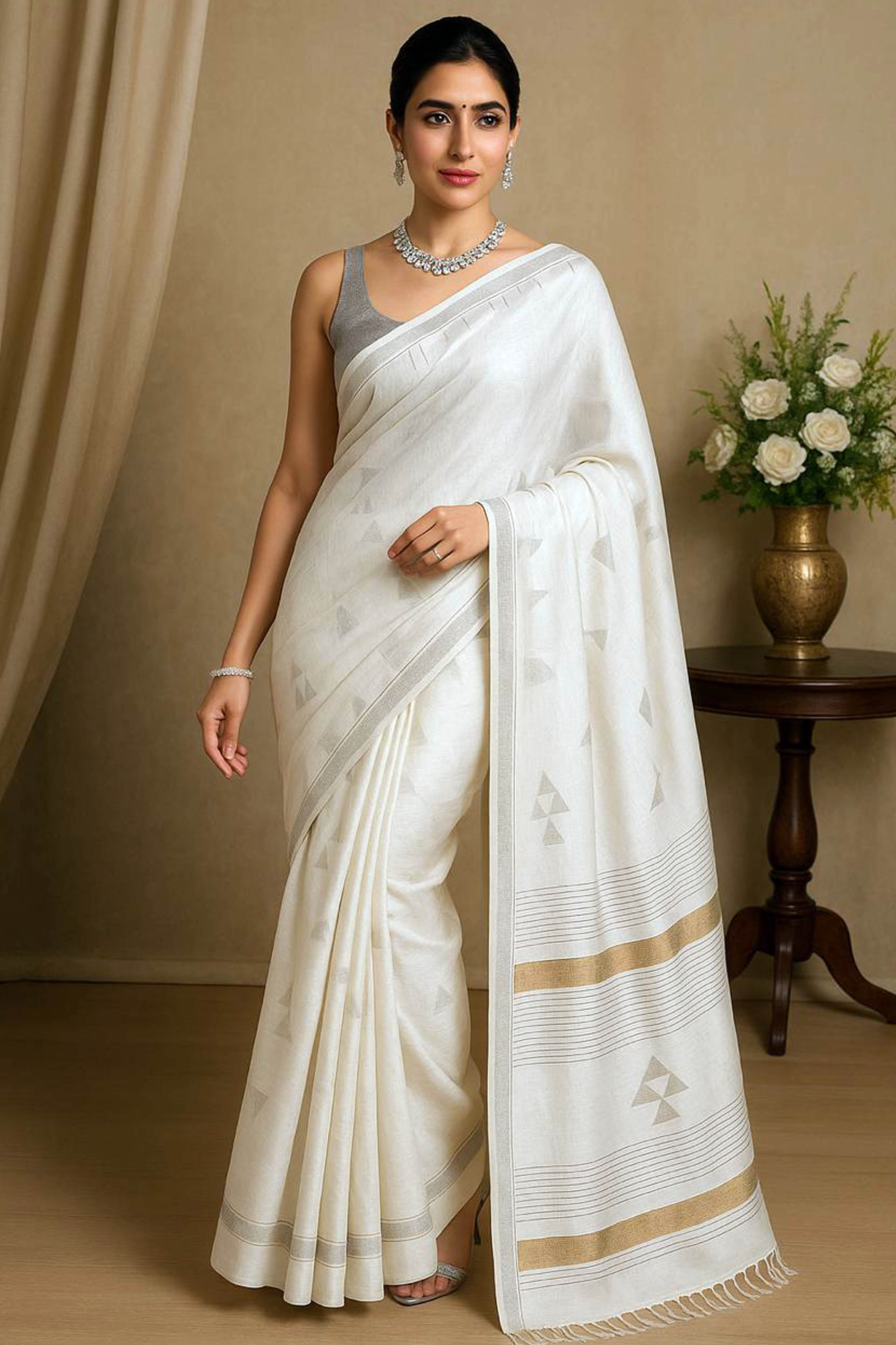 White Jamdani Cotton Tissue Saree - Indian Handloomz