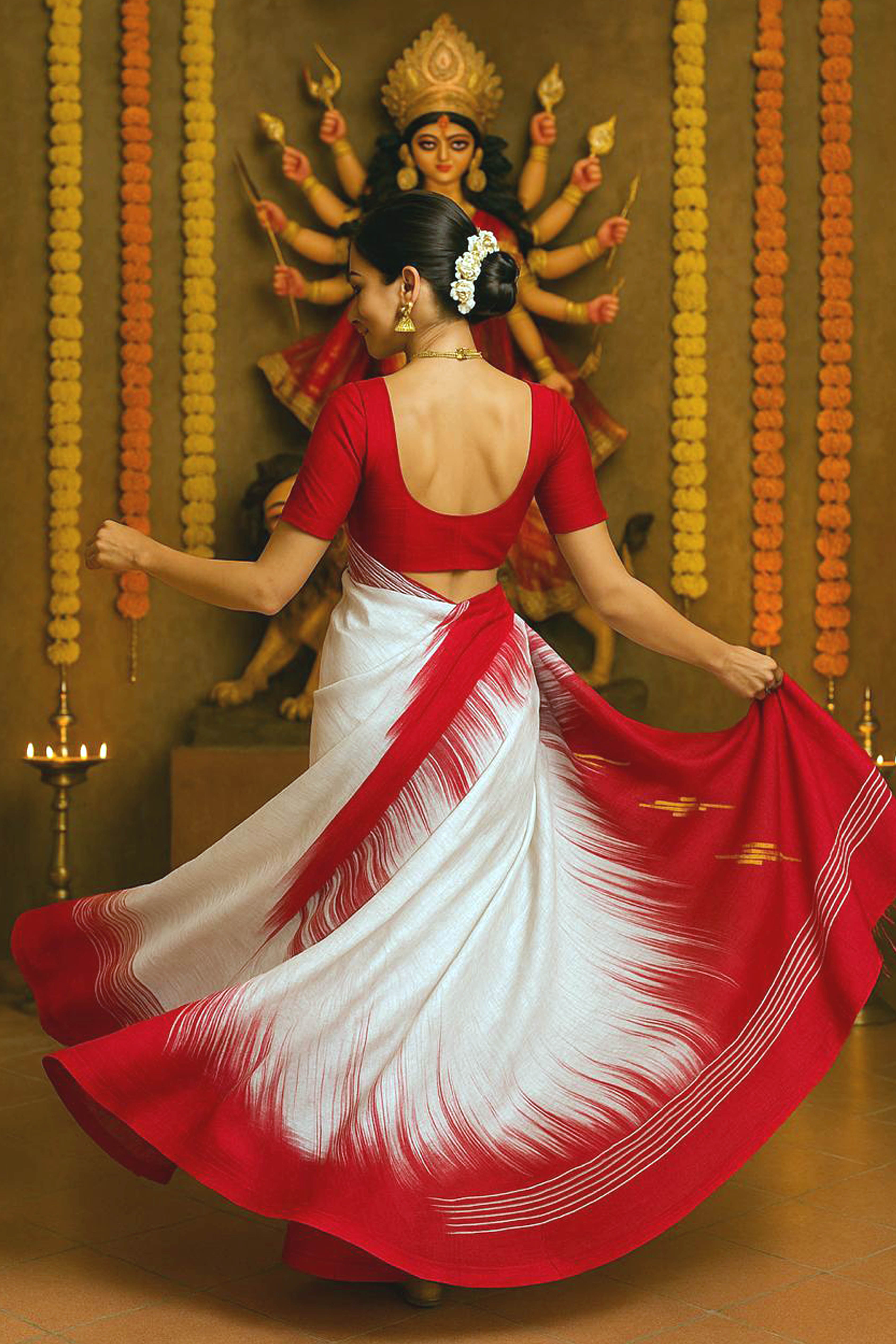 White & Red Cotton Silk Ikkat Saree - Indian Handloomz