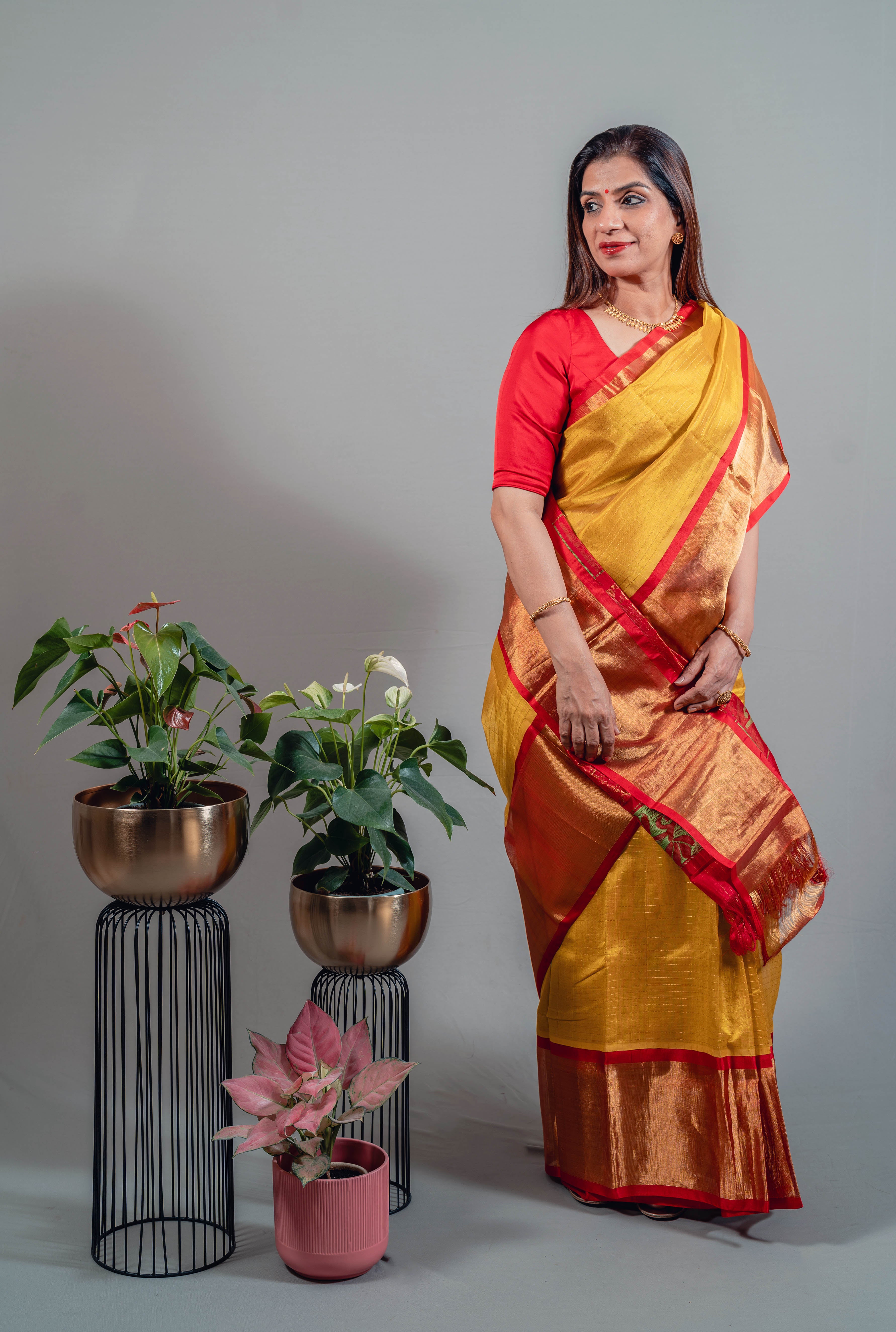 Devyani Pure Silk Kanchi Saree in Golden Yellow with Gold Zari & Red Border - Indian Handloomz