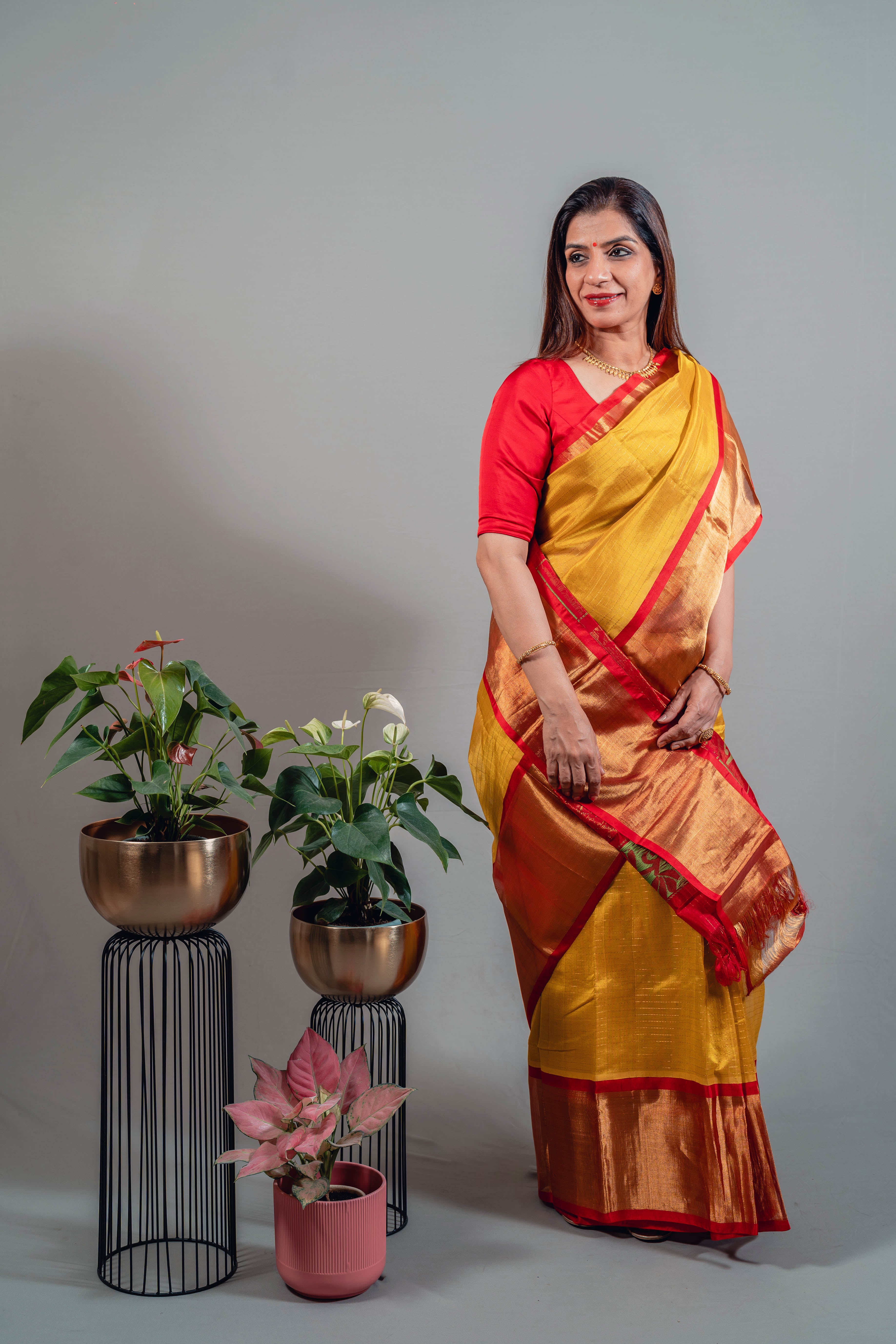 Devyani Pure Silk Kanchi Saree in Golden Yellow with Gold Zari & Red Border - Indian Handloomz