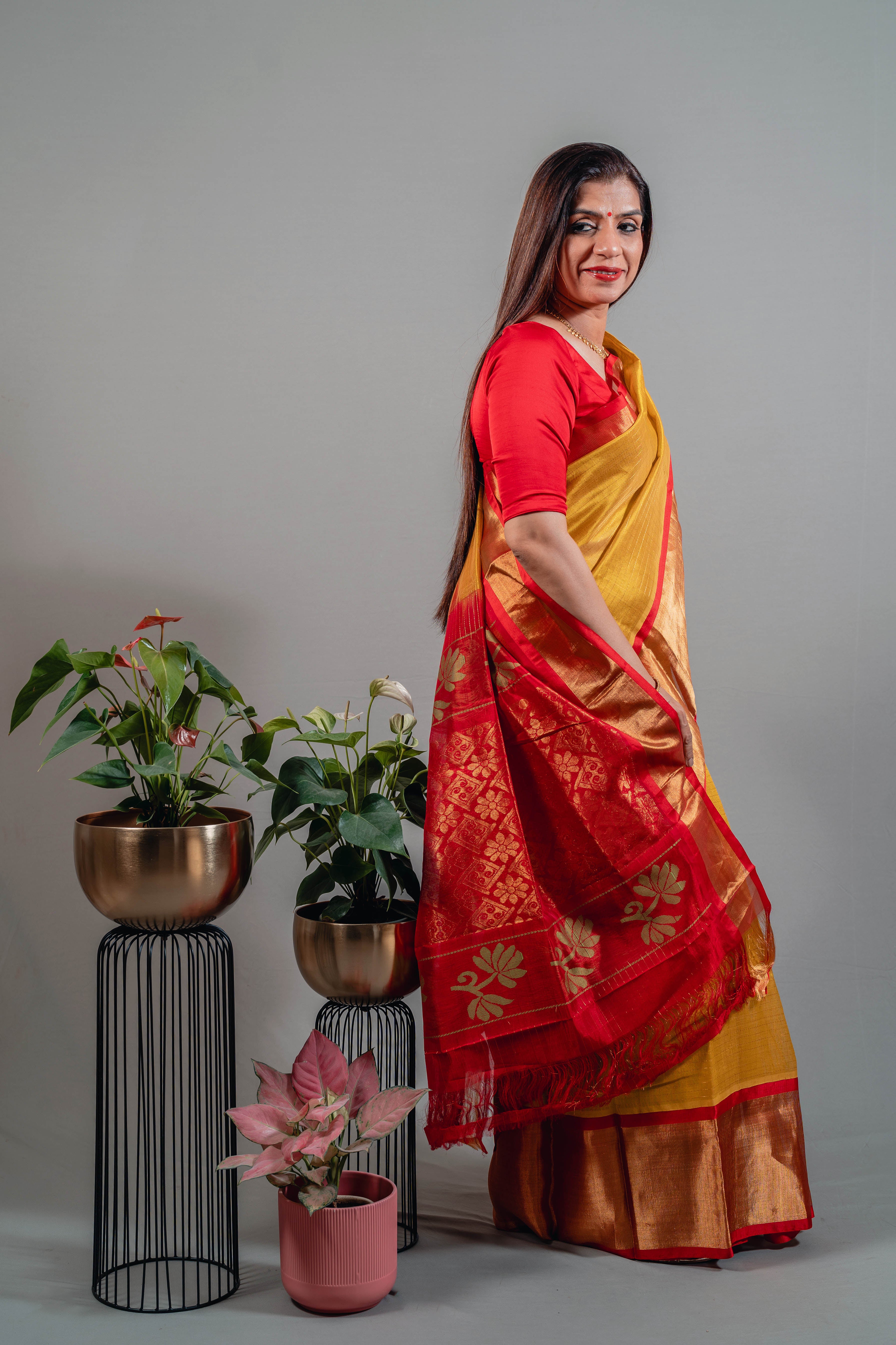 Devyani Pure Silk Kanchi Saree in Golden Yellow with Gold Zari & Red Border - Indian Handloomz