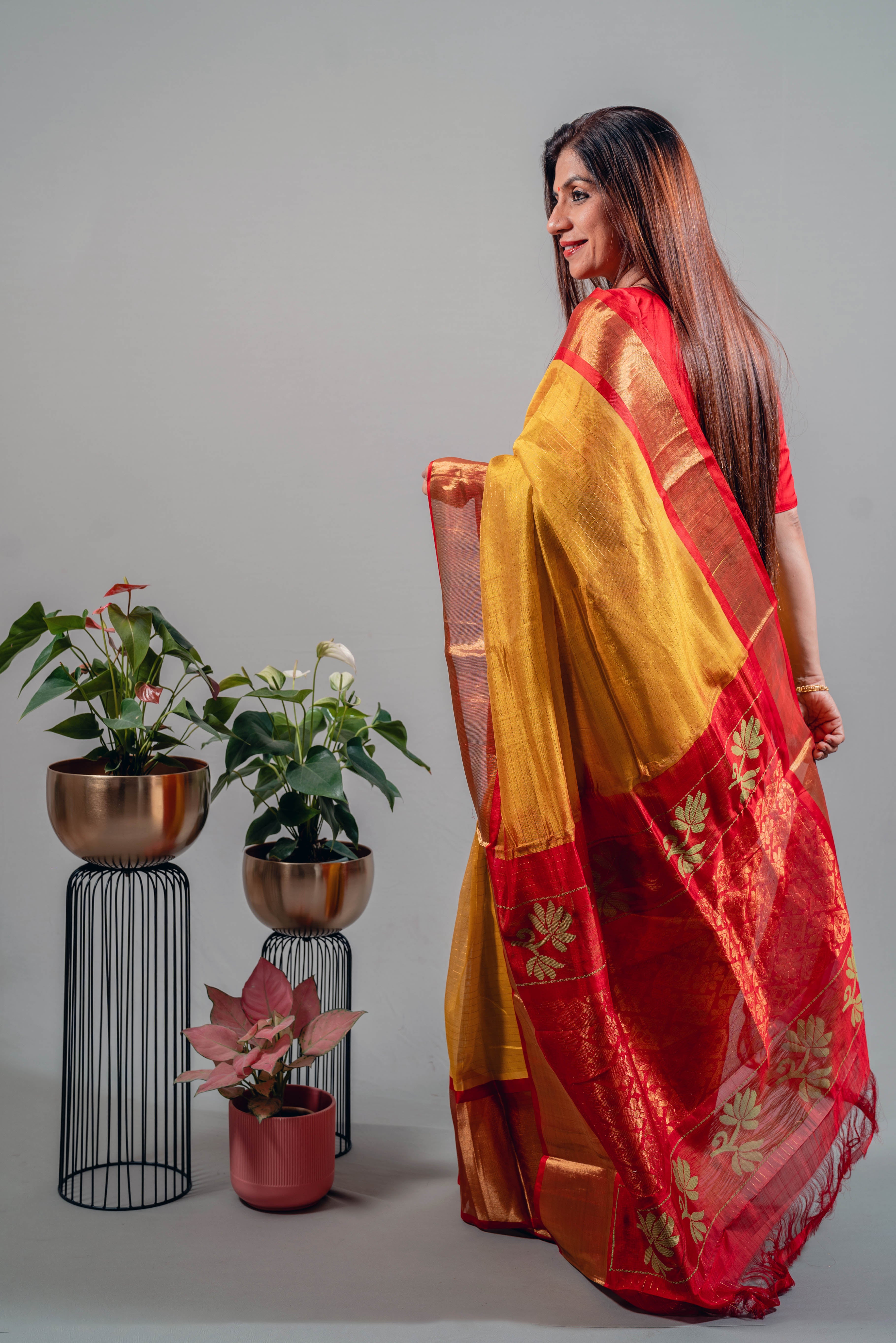 Devyani Pure Silk Kanchi Saree in Golden Yellow with Gold Zari & Red Border - Indian Handloomz