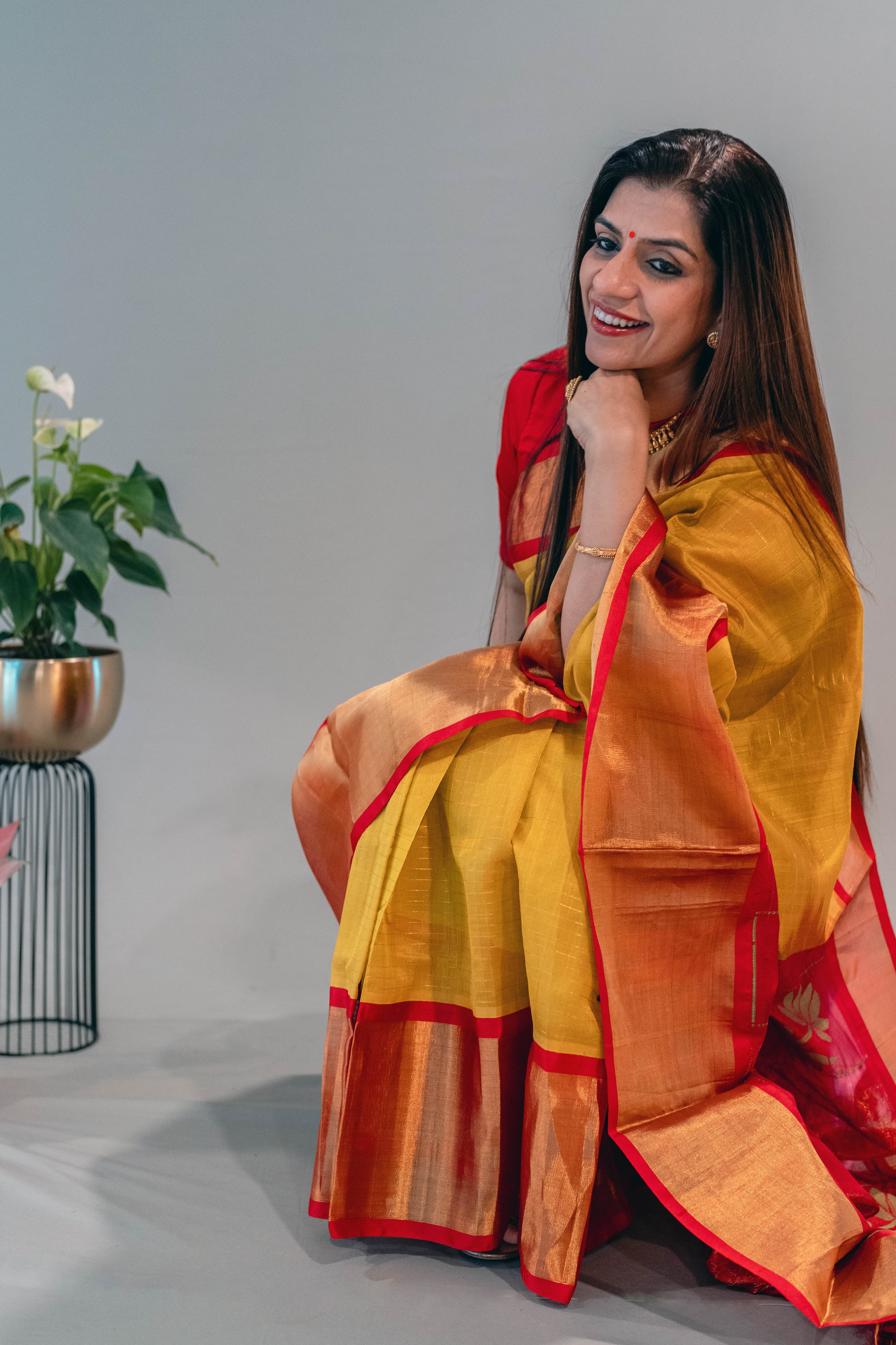 Devyani Pure Silk Kanchi Saree in Golden Yellow with Gold Zari & Red Border - Indian Handloomz