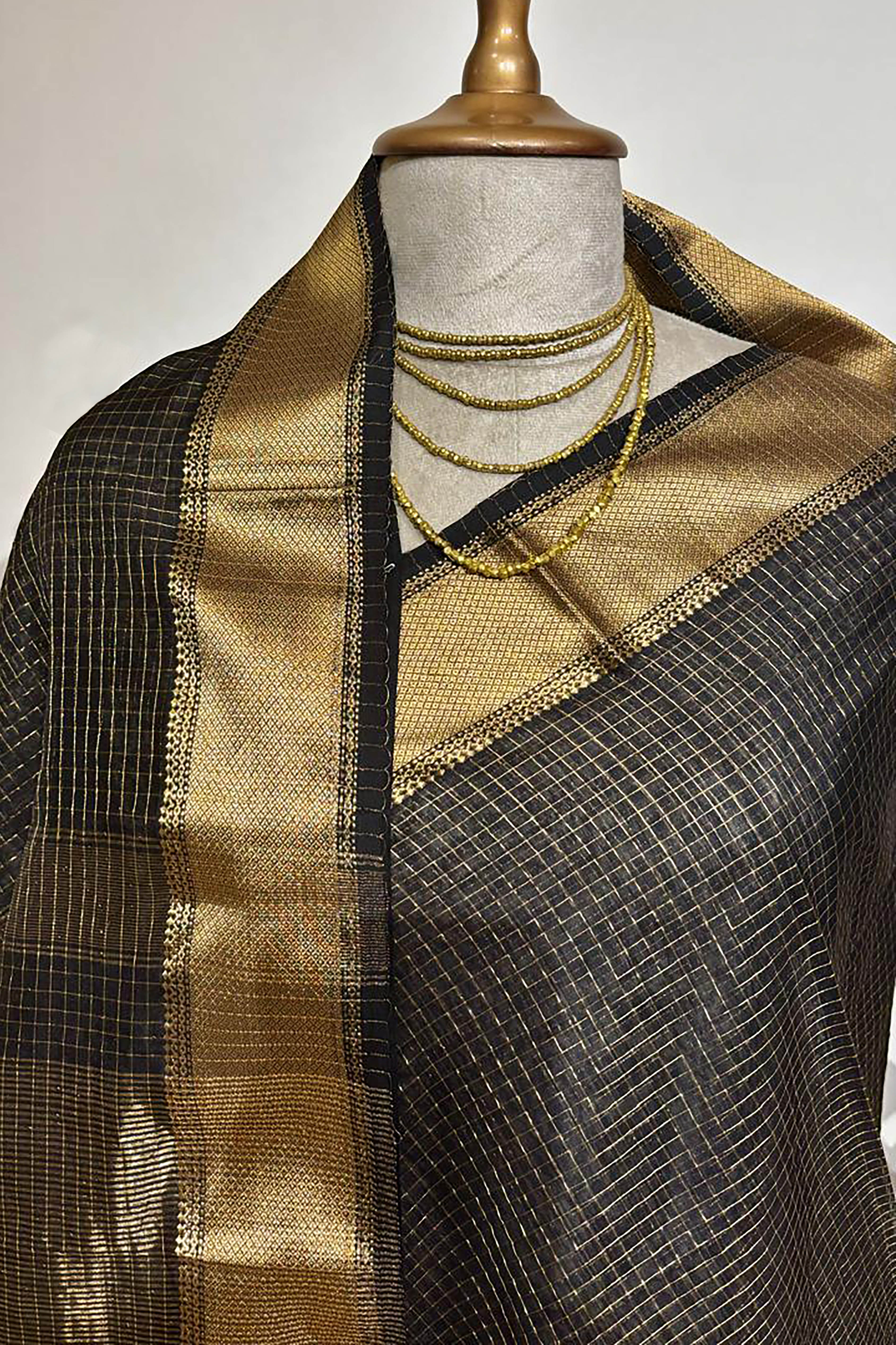 Dhairya Black with Golden Zari Checks Maheshwari Cotton Silk Tissue Saree - Indian Handloomz