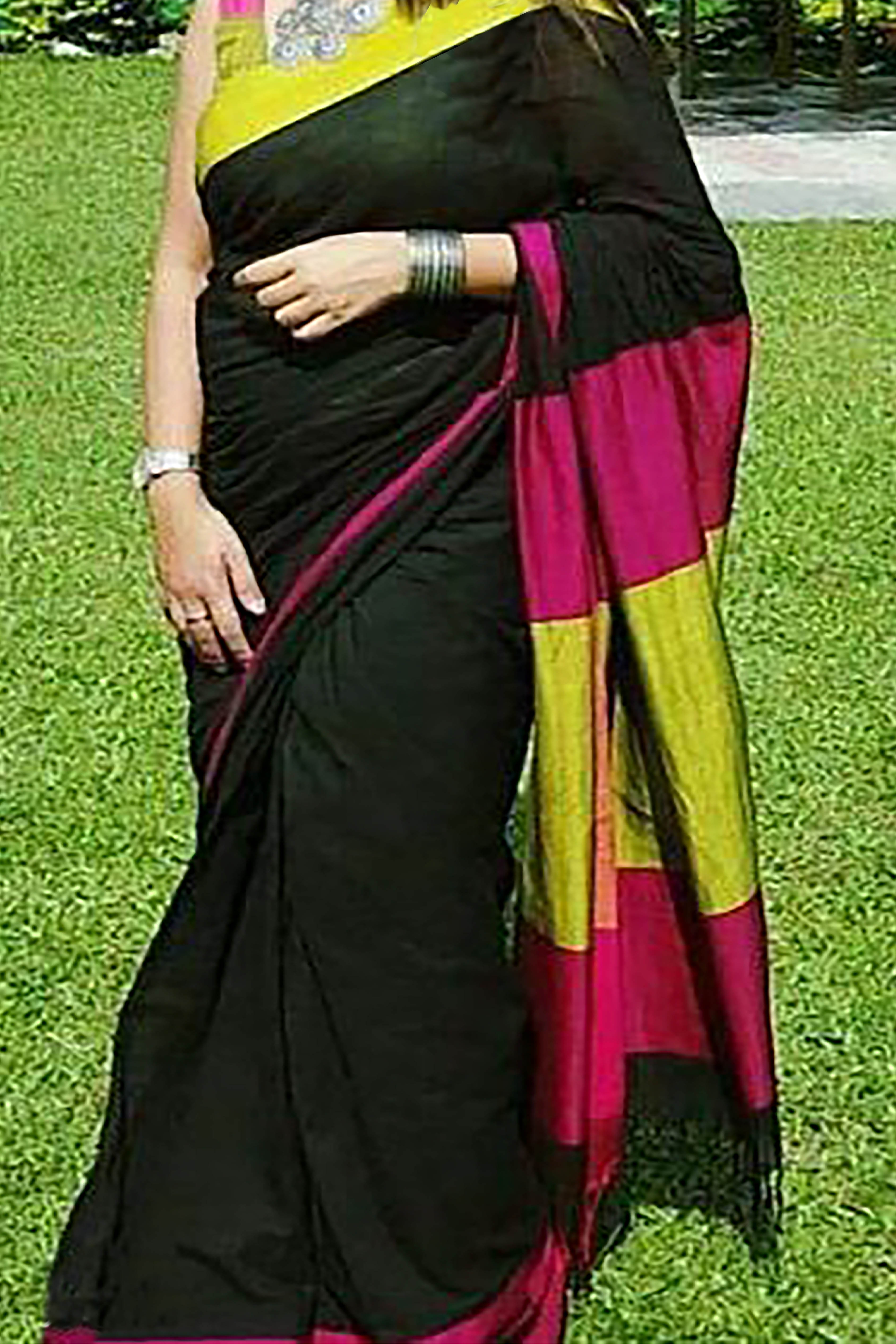 Neelima Handwoven Pure Cotton Saree in Deep Black Body with Green & Pink Borders - Indian Handloomz