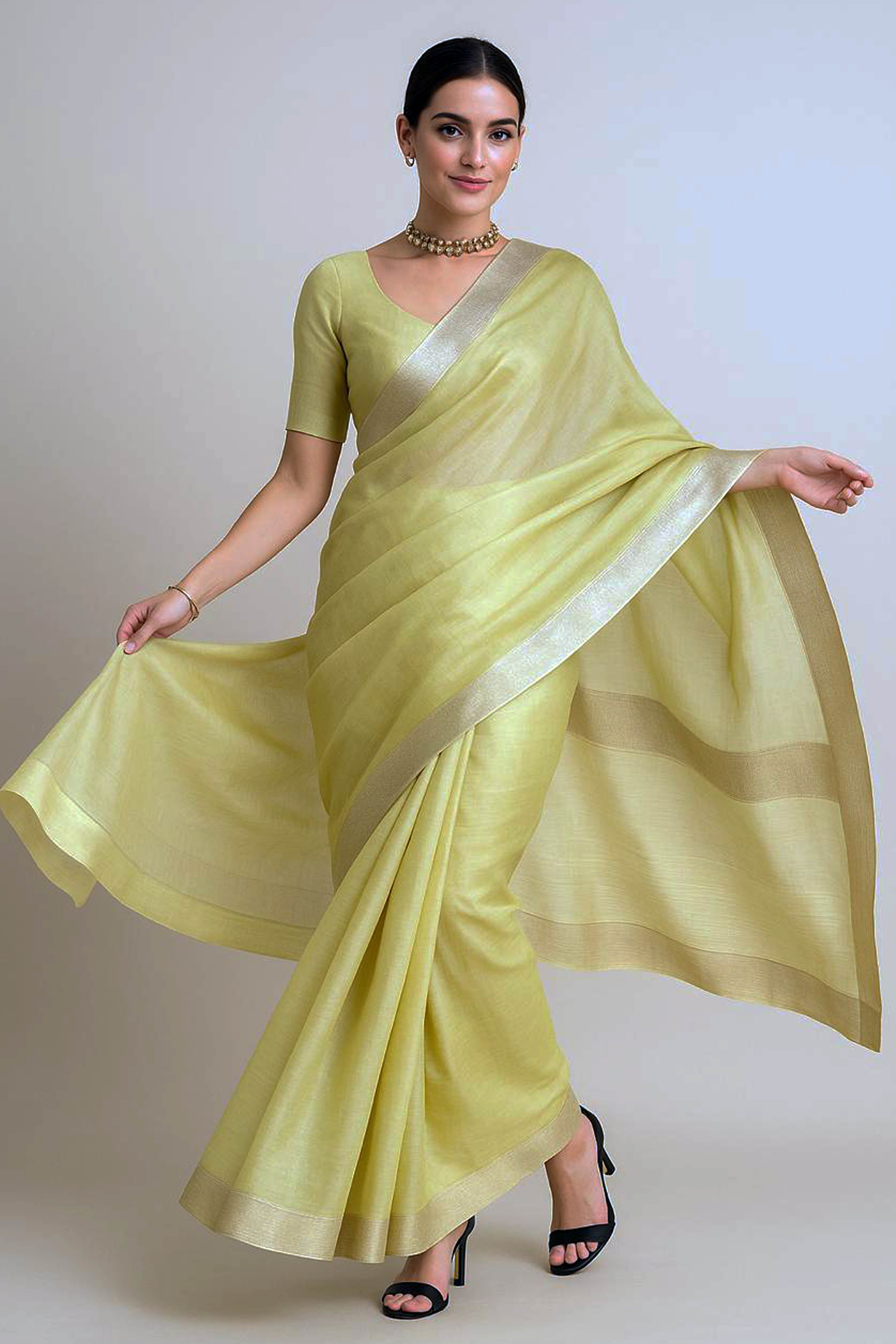 Vedanshi Golden Yellow Maheshwari Silk Cotton Tissue Saree - Indian Handloomz