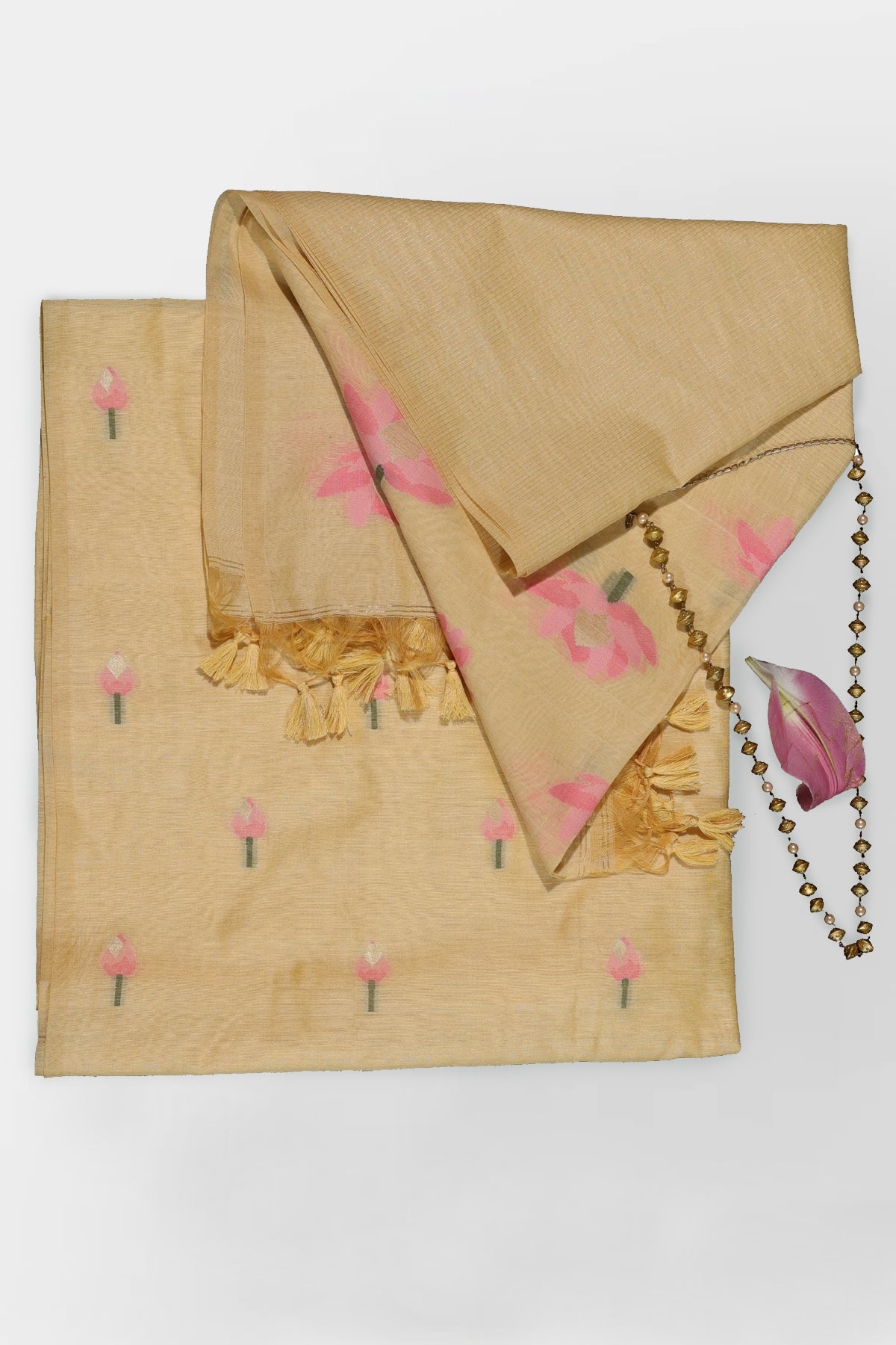 Nirali Matka Muslin Unstitched Suit Set in Beige Colour with Soft Pink Motifs Jamdani Weave - Indian Handloomz