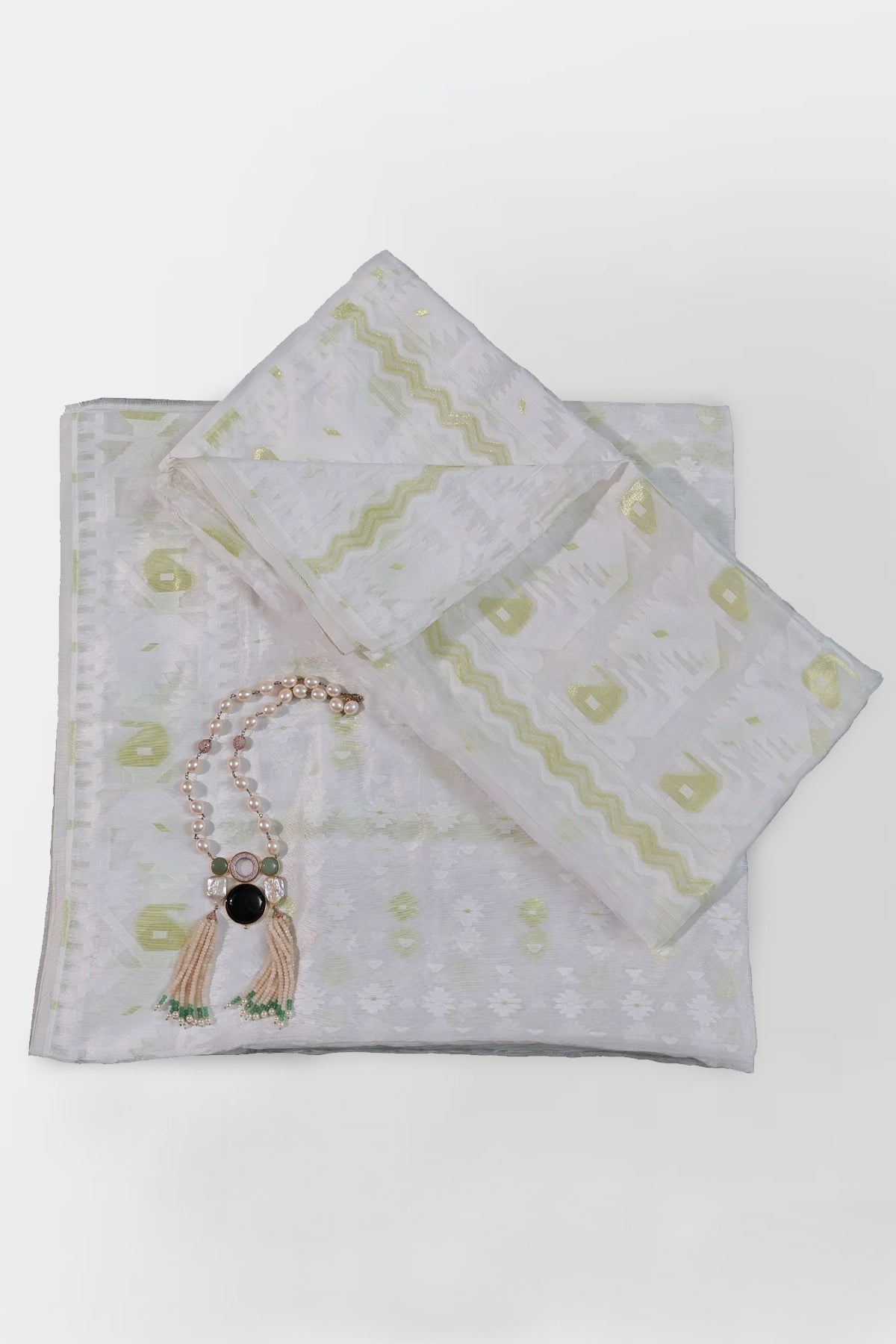 Eda Cotton Silk Unstitched Suit Set in White Colour with Greenish Golden Jamdani Weave - Indian Handloomz
