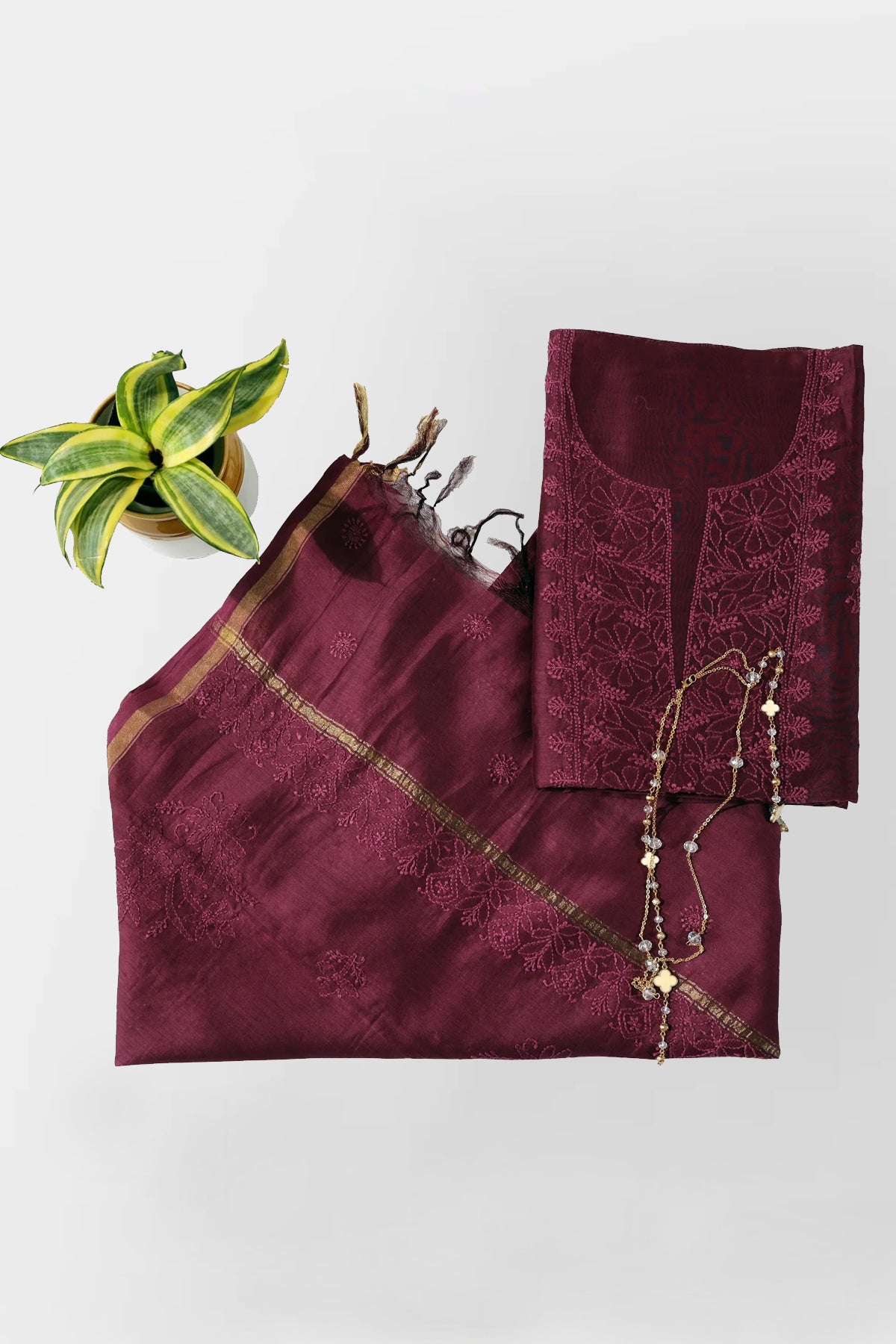 Mira Chanderi Silk Cotton Unstitched Suit Set in Burgundy Colour Embroidery Work with Zari Border - Indian Handloomz