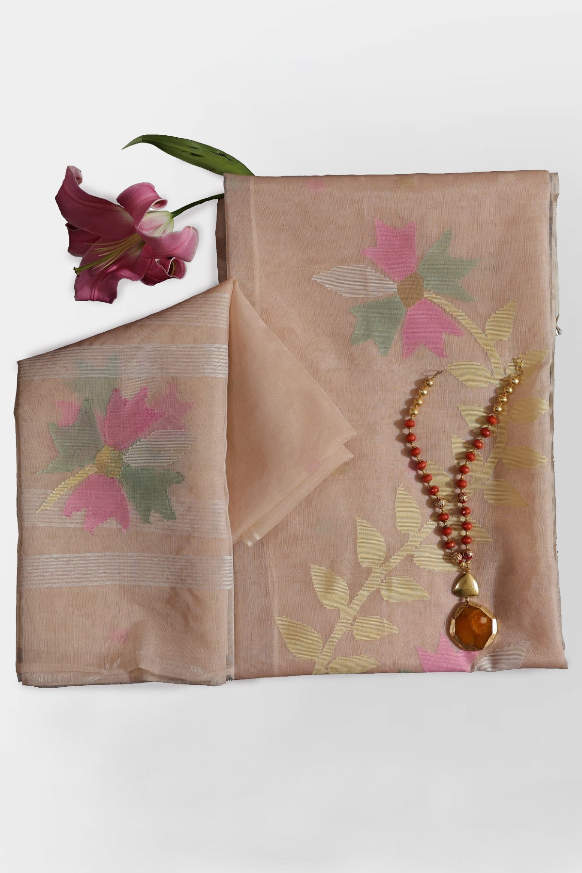 Sara Muslin Organza Unstitched Suit Set in Beige, Pink & Green Motifs with Jamdani Weave - Indian Handloomz