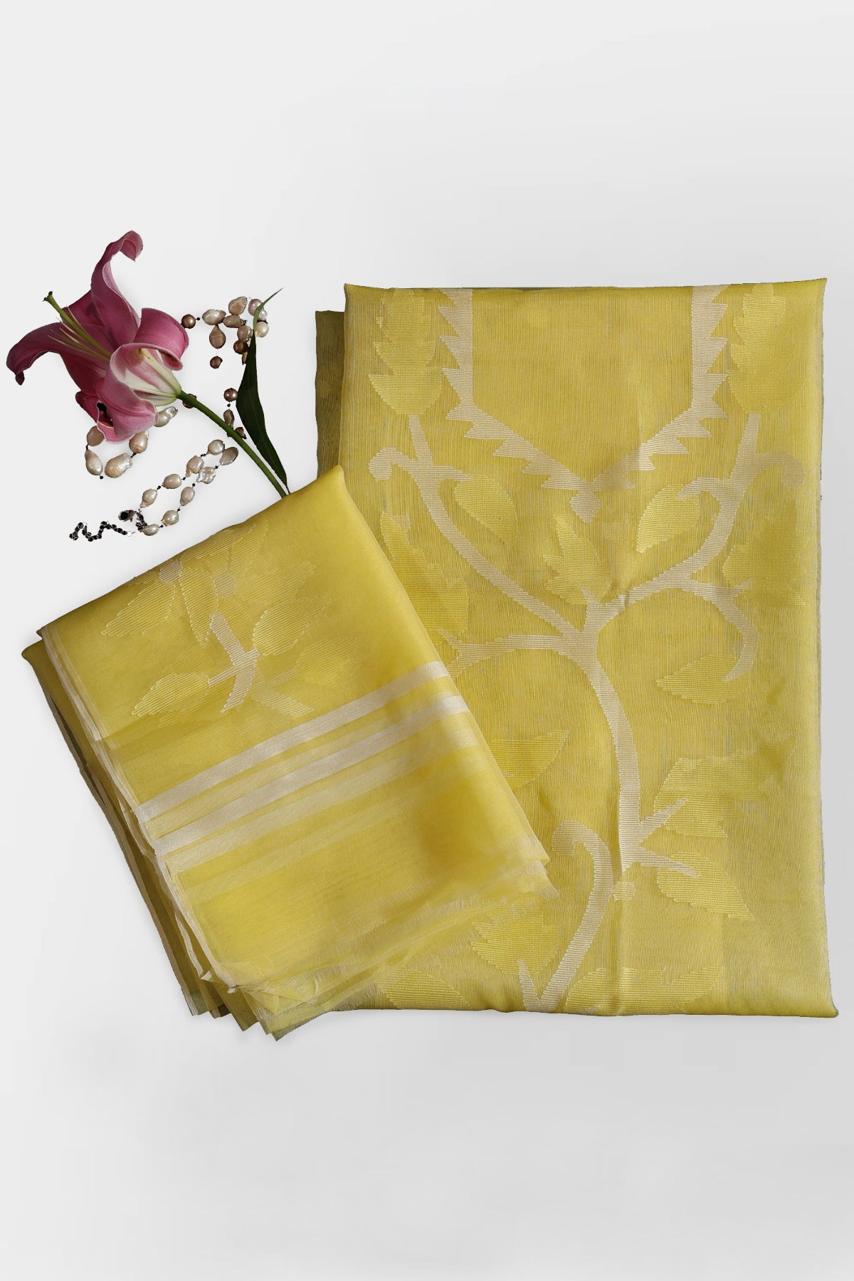 Vrunda Muslin Organza Unstitched Suit Set in Lemon Yellow with White Motifs & Jamdani Weave - Indian Handloomz