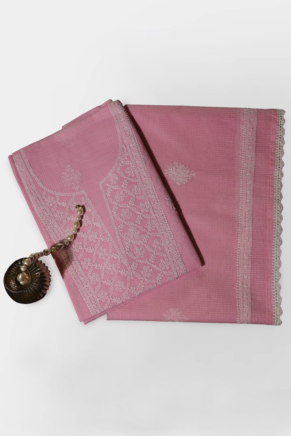 Sumitra Kota Doriya Unstitched Suit Set in Baby Pink Base & Lucknowi Chikankari White Thread Embroidery - Indian Handloomz