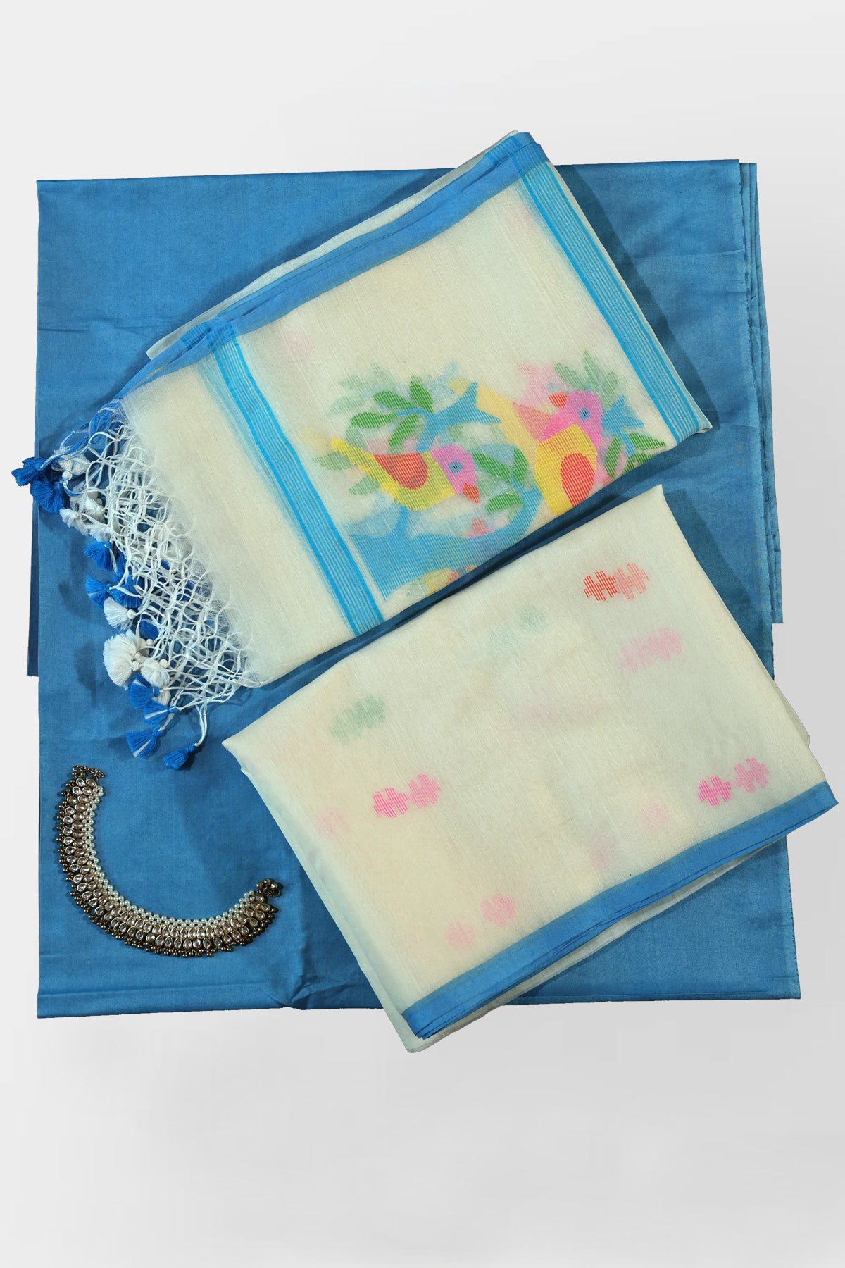 Rutvi Pure Mutka Muslin Tissue Unstitched Suit Set in White & Blue with Motifs in Pink & Green, Jamdani Weave - Indian Handloomz