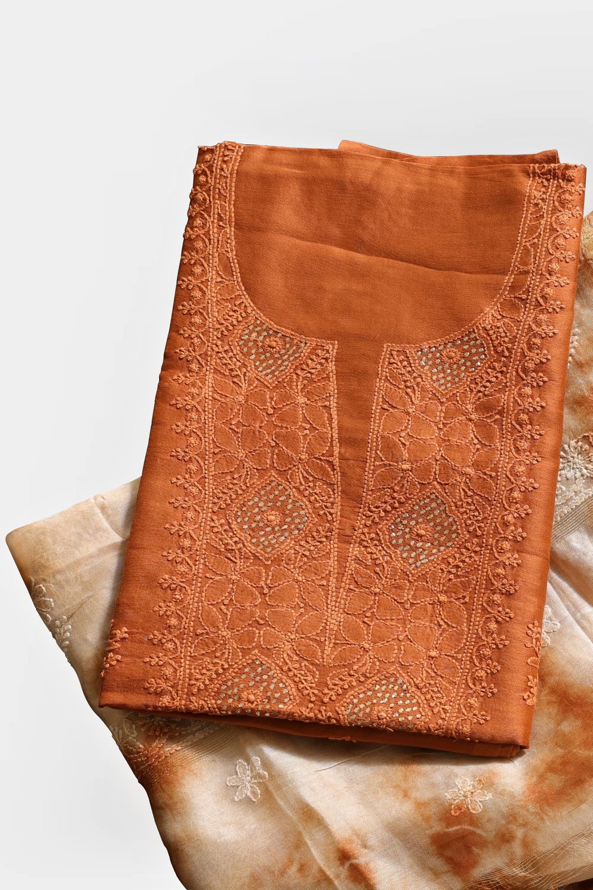 Kishori Chanderi Silk Cotton Unstitched Suit Set in Rust Brown Kurta with Mukaish Embroidery, Dupatta in Beige & Brown - Indian Handloomz