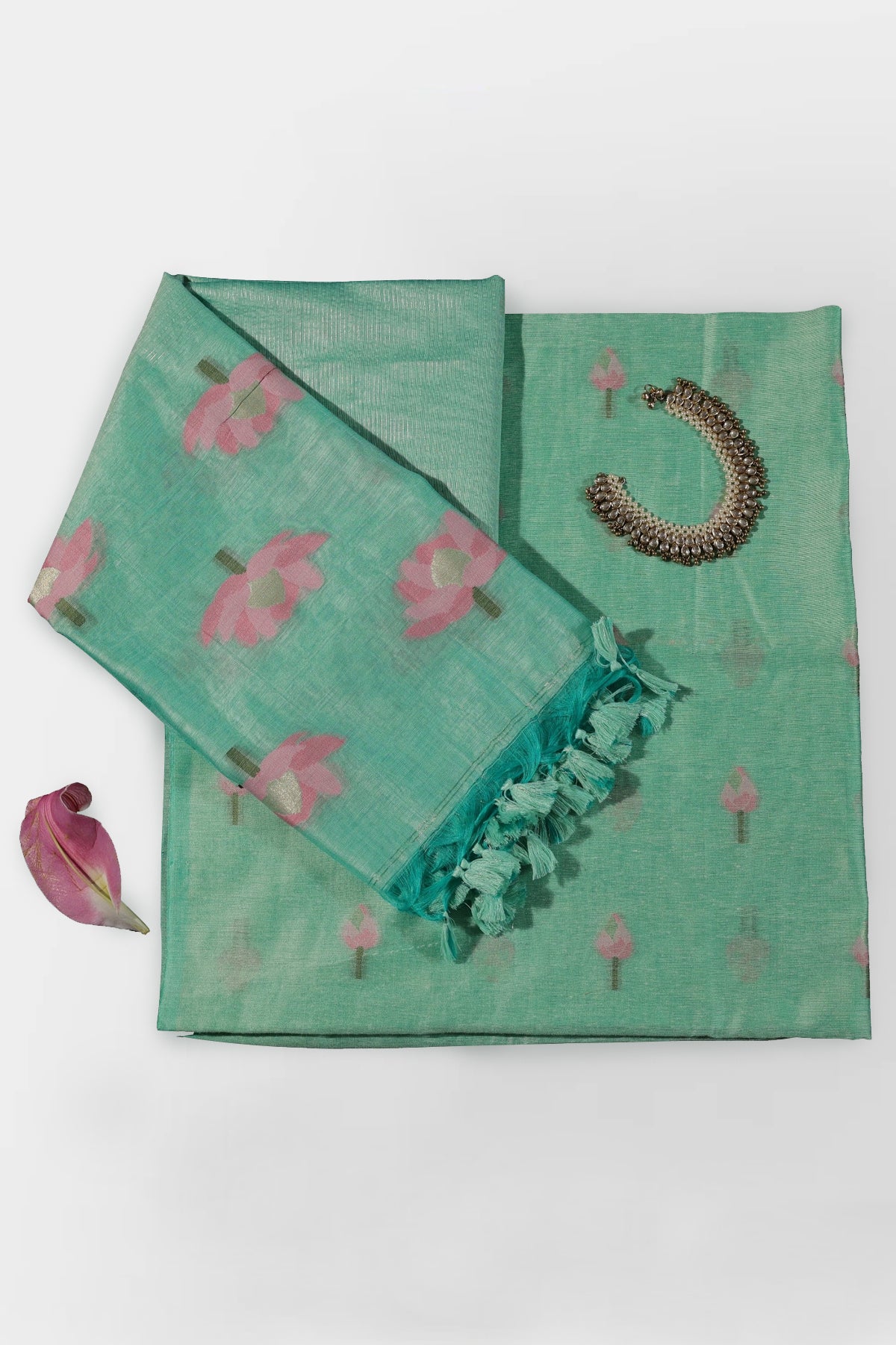 Isvari Matka Muslin Unstitched Suit Set in Mint Green Colour with Soft Pink Motifs Jamdani Weave - Indian Handloomz