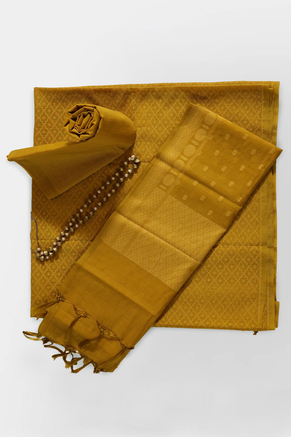 Anika Pure Banarasi Cotton Silk Unstitched Suit Set in Olive Green Colour - Indian Handloomz