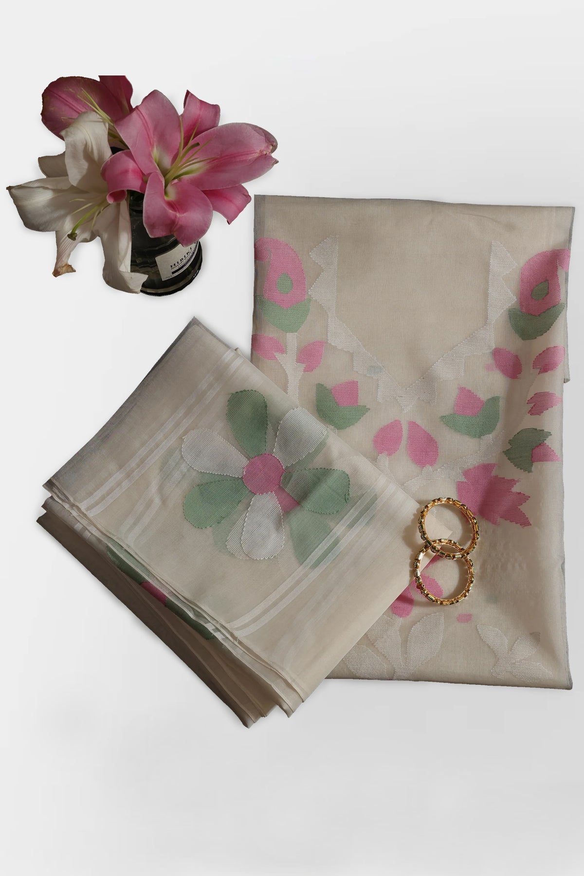 Apsara Muslin Organza Unstitched Suit Set in Off-white, Pink & Green Motifs with Jamdani Weave - Indian Handloomz
