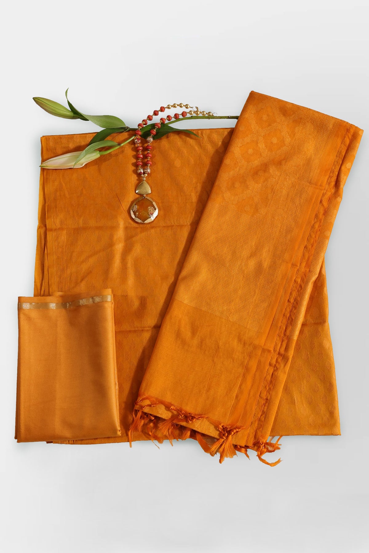 Taksha Pure Banarasi Cotton Silk Unstitched Suit Set in Golden Glow, Mustard Yellow Colour - Indian Handloomz