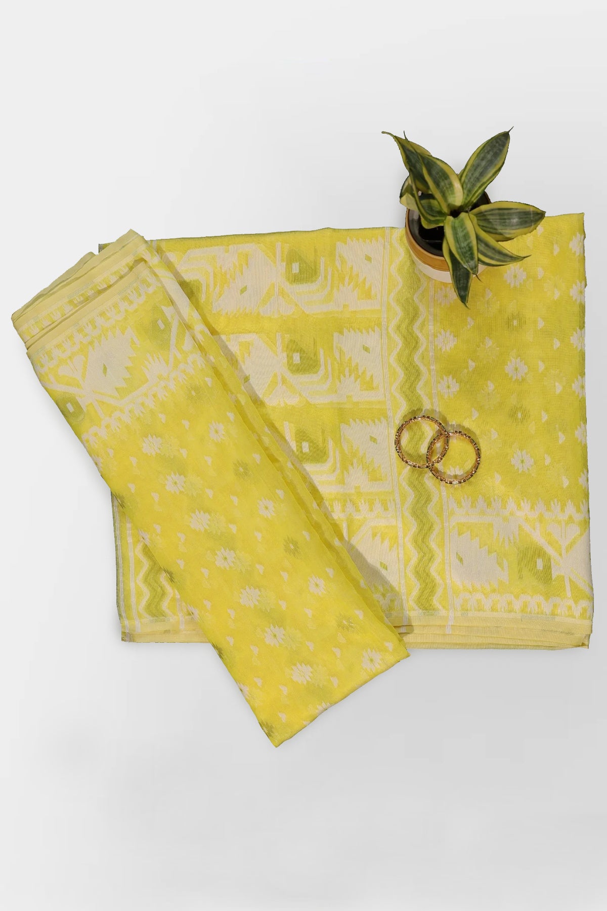 Eshani Cotton Silk Unstitched Suit Set in Yellow Colour with White & Golden Jamdani Weave - Indian Handloomz