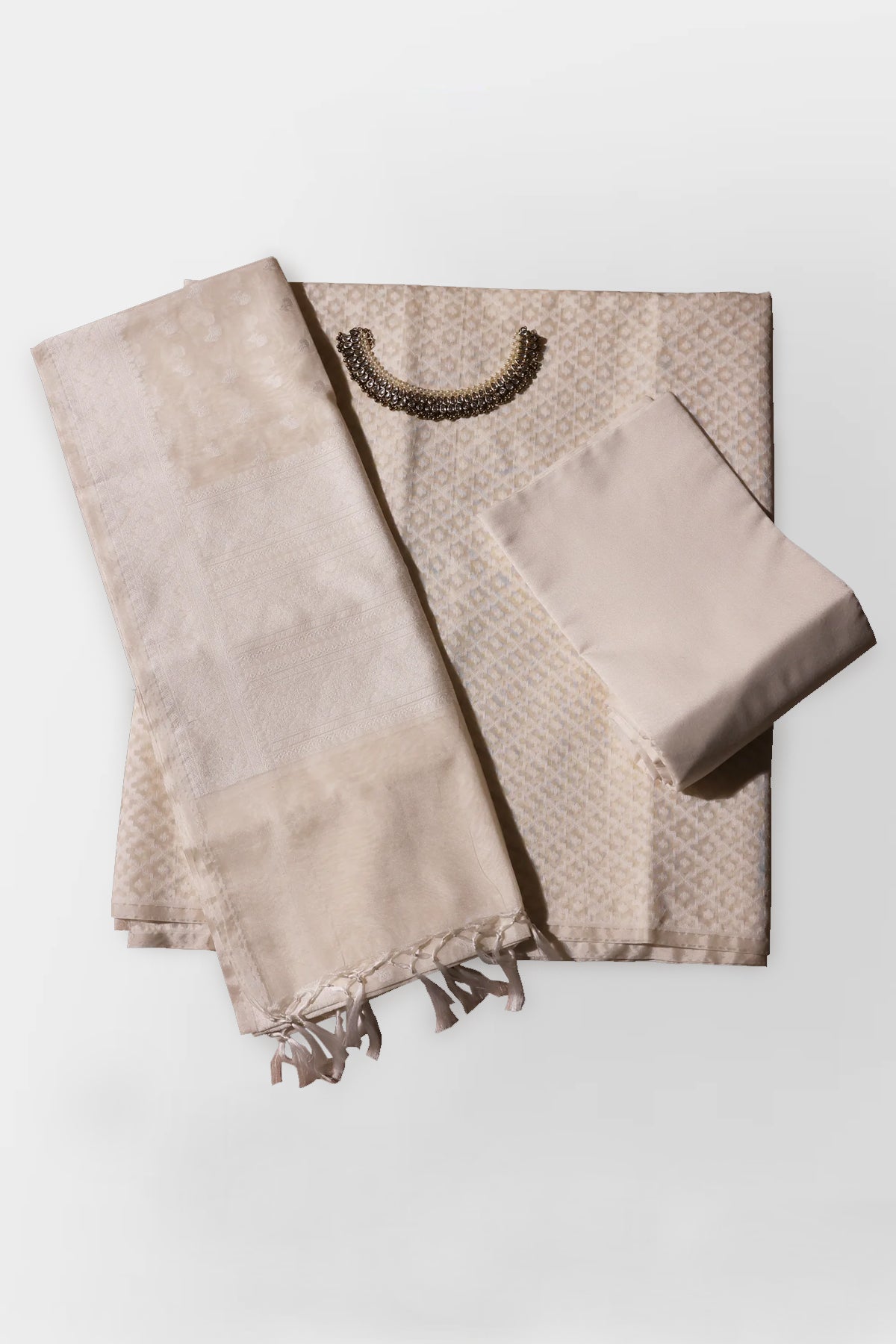 Avni Pure Banarasi Cotton Silk Unstitched Suit Set in Ivory Essence Colour - Indian Handloomz