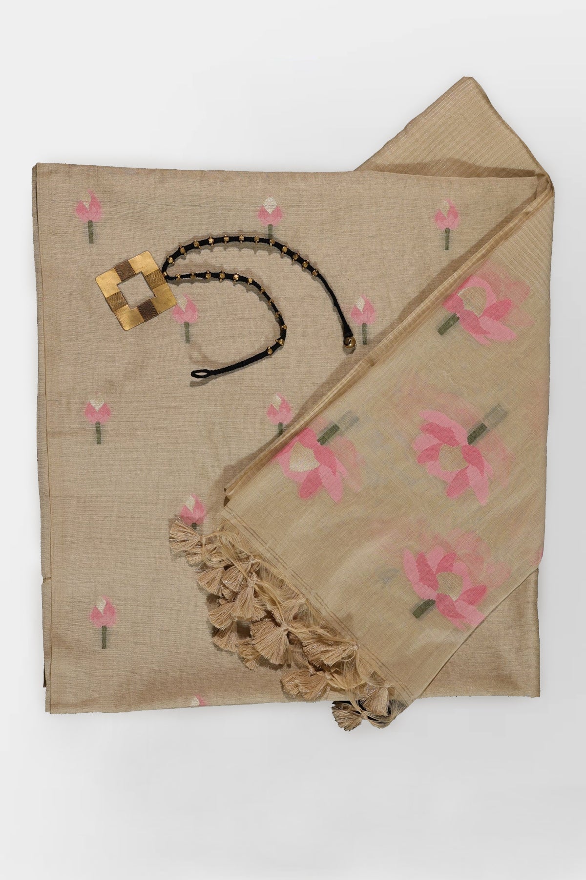 Gopi Matka Muslin Unstitched Suit Set in Corn Yellow Colour with Soft Pink Motifs Jamdani Weave - Indian Handloomz