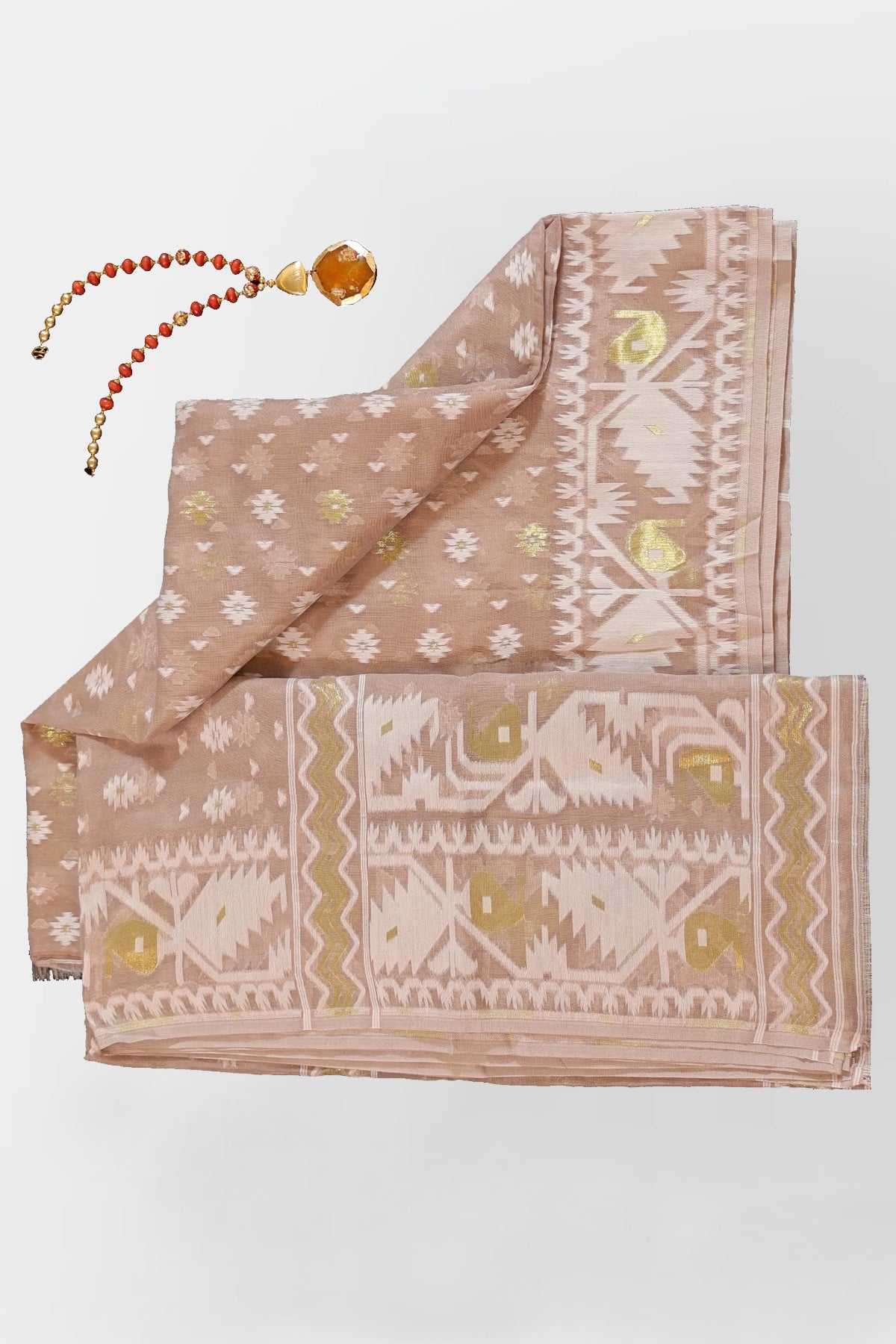 Oditi Cotton Silk Unstitched Suit Set in Khaki Colour with White & Golden Jamdani Weave - Indian Handloomz