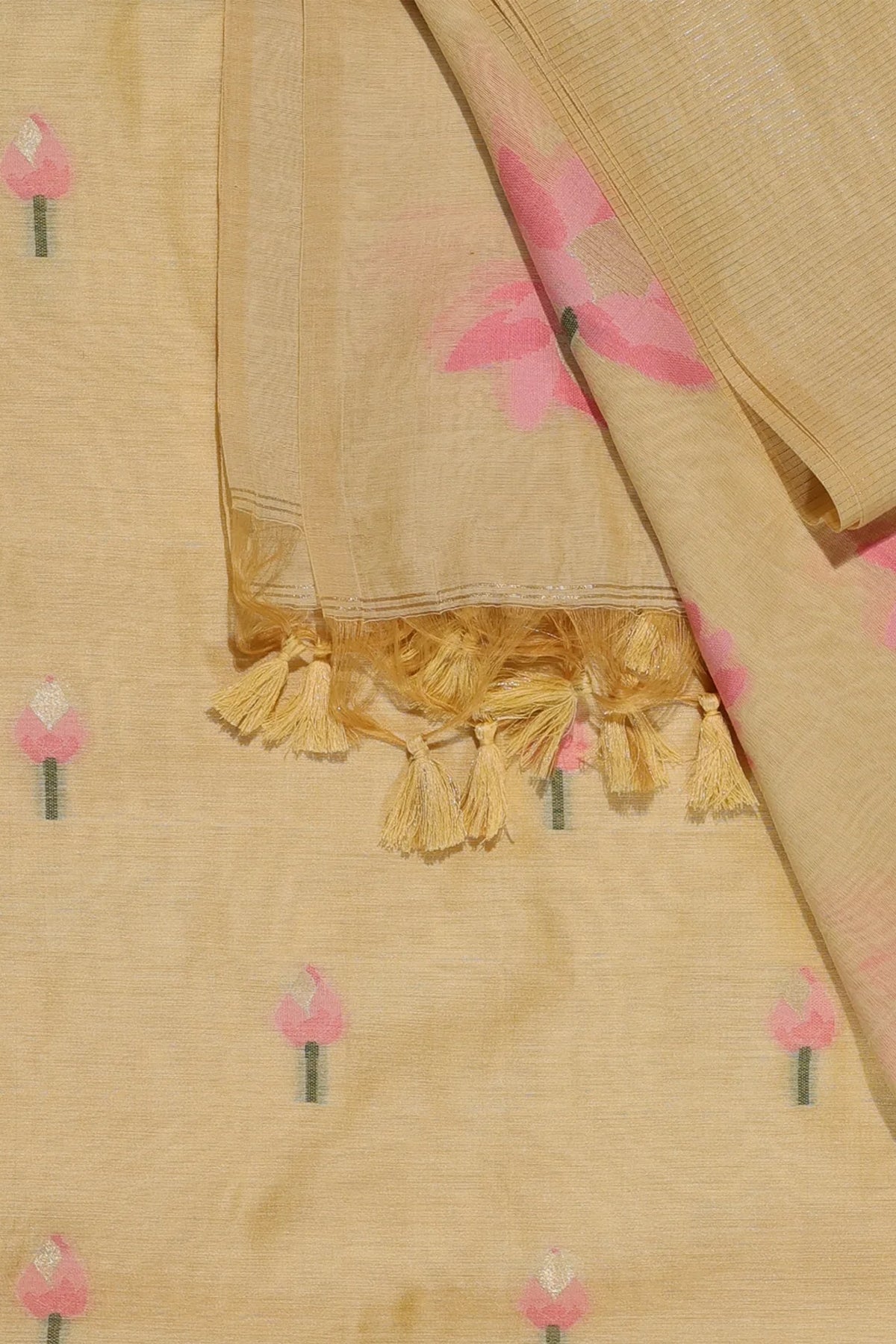 Nirali Matka Muslin Unstitched Suit Set in Beige Colour with Soft Pink Motifs Jamdani Weave - Indian Handloomz
