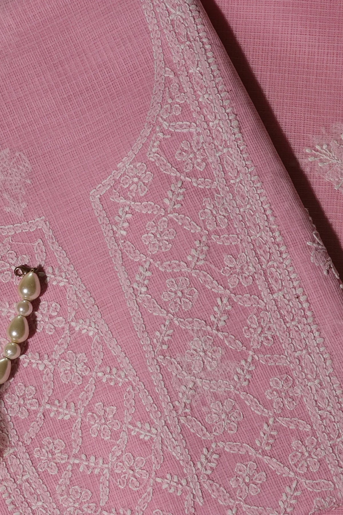 Sumitra Kota Doriya Unstitched Suit Set in Baby Pink Base & Lucknowi Chikankari White Thread Embroidery - Indian Handloomz