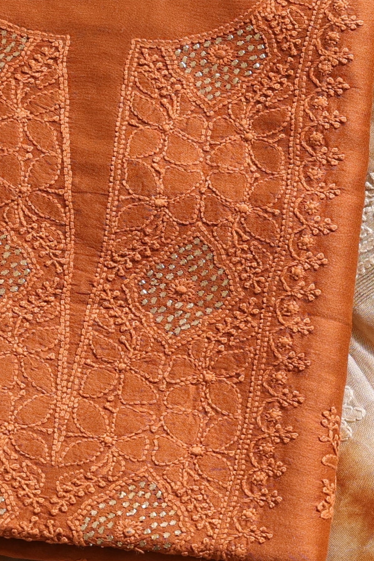 Kishori Chanderi Silk Cotton Unstitched Suit Set in Rust Brown Kurta with Mukaish Embroidery, Dupatta in Beige & Brown - Indian Handloomz