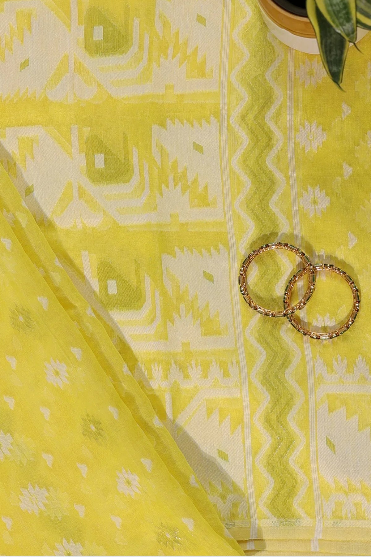 Eshani Cotton Silk Unstitched Suit Set in Yellow Colour with White & Golden Jamdani Weave - Indian Handloomz