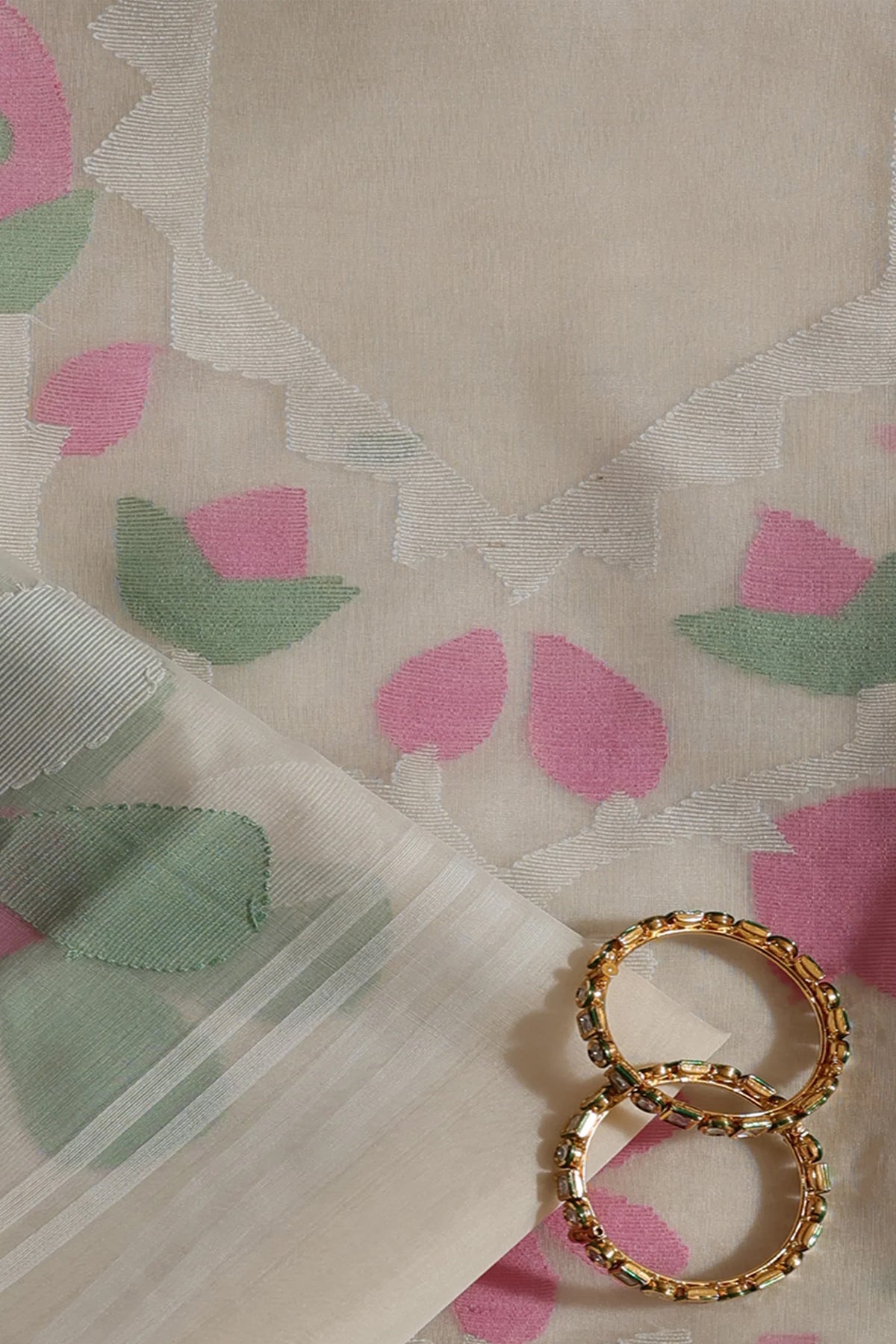 Apsara Muslin Organza Unstitched Suit Set in Off-white, Pink & Green Motifs with Jamdani Weave - Indian Handloomz