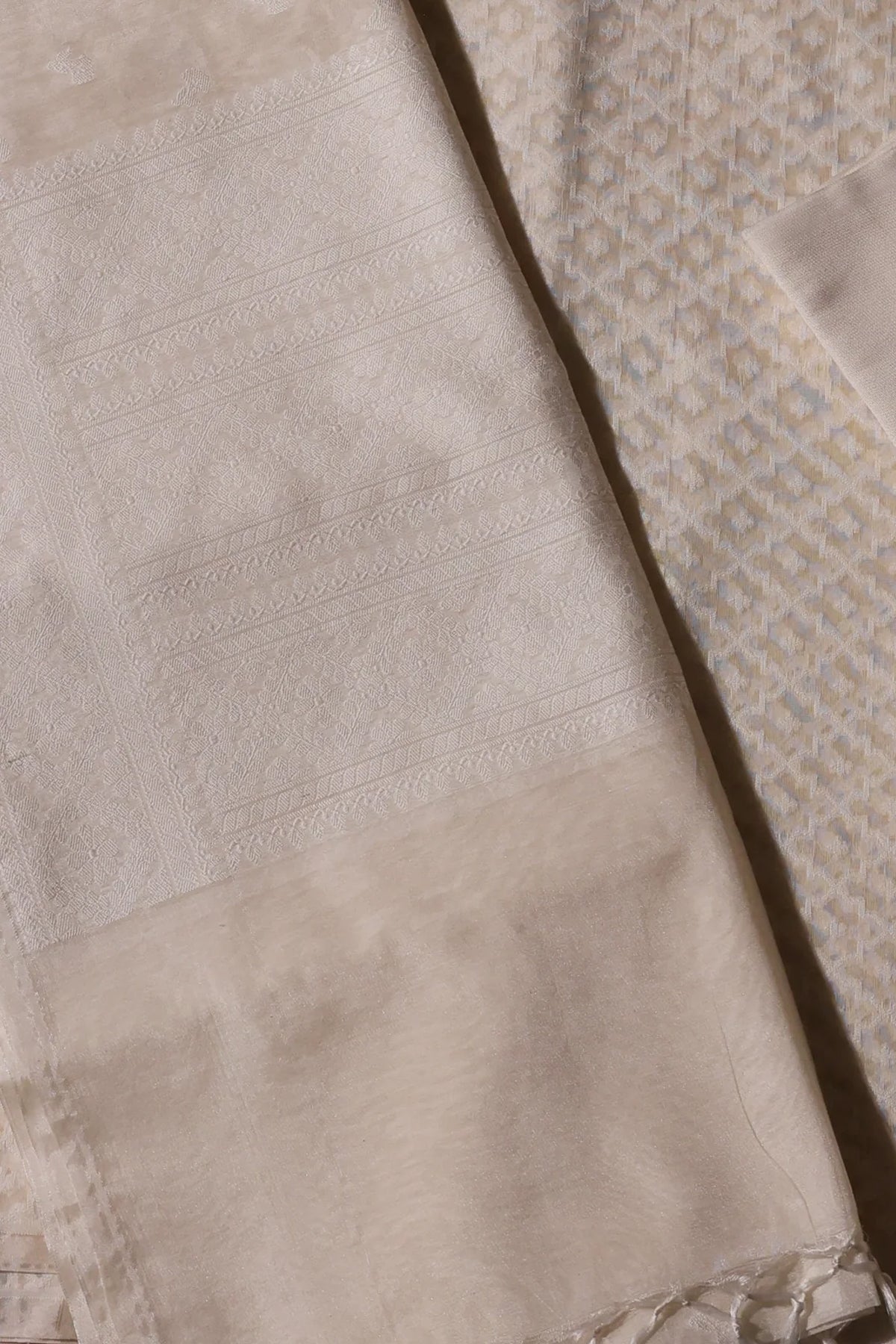 Avni Pure Banarasi Cotton Silk Unstitched Suit Set in Ivory Essence Colour - Indian Handloomz