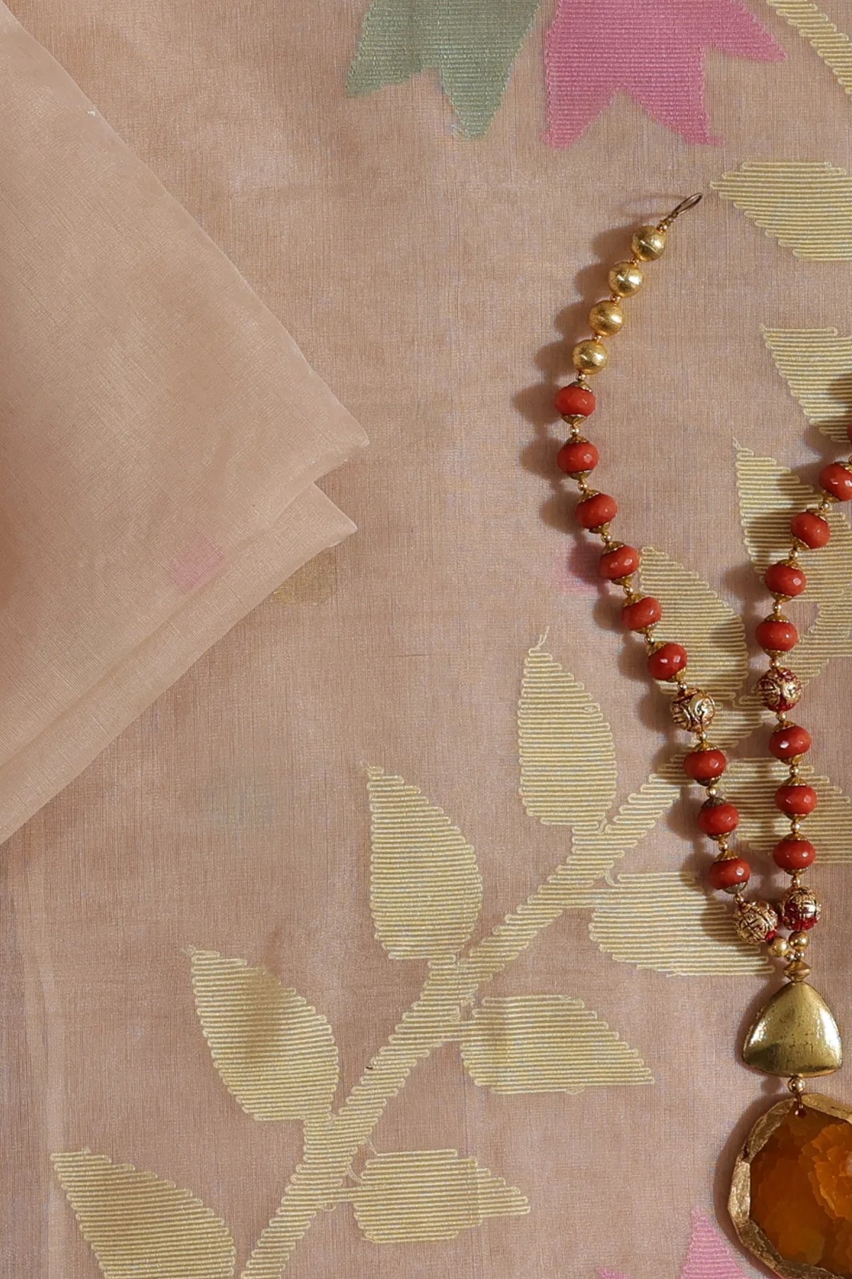 Sara Muslin Organza Unstitched Suit Set in Beige, Pink & Green Motifs with Jamdani Weave - Indian Handloomz
