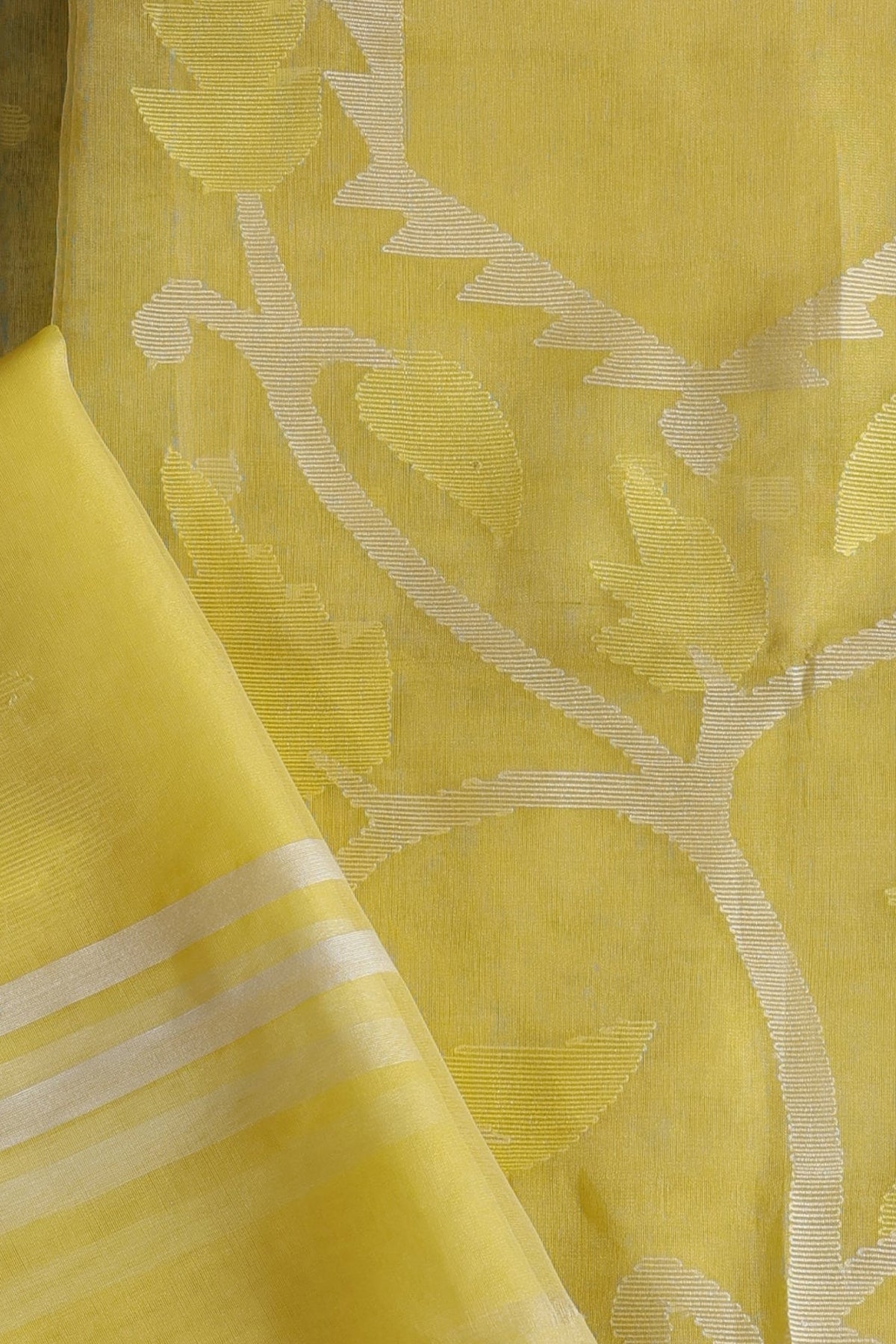 Vrunda Muslin Organza Unstitched Suit Set in Lemon Yellow with White Motifs & Jamdani Weave - Indian Handloomz