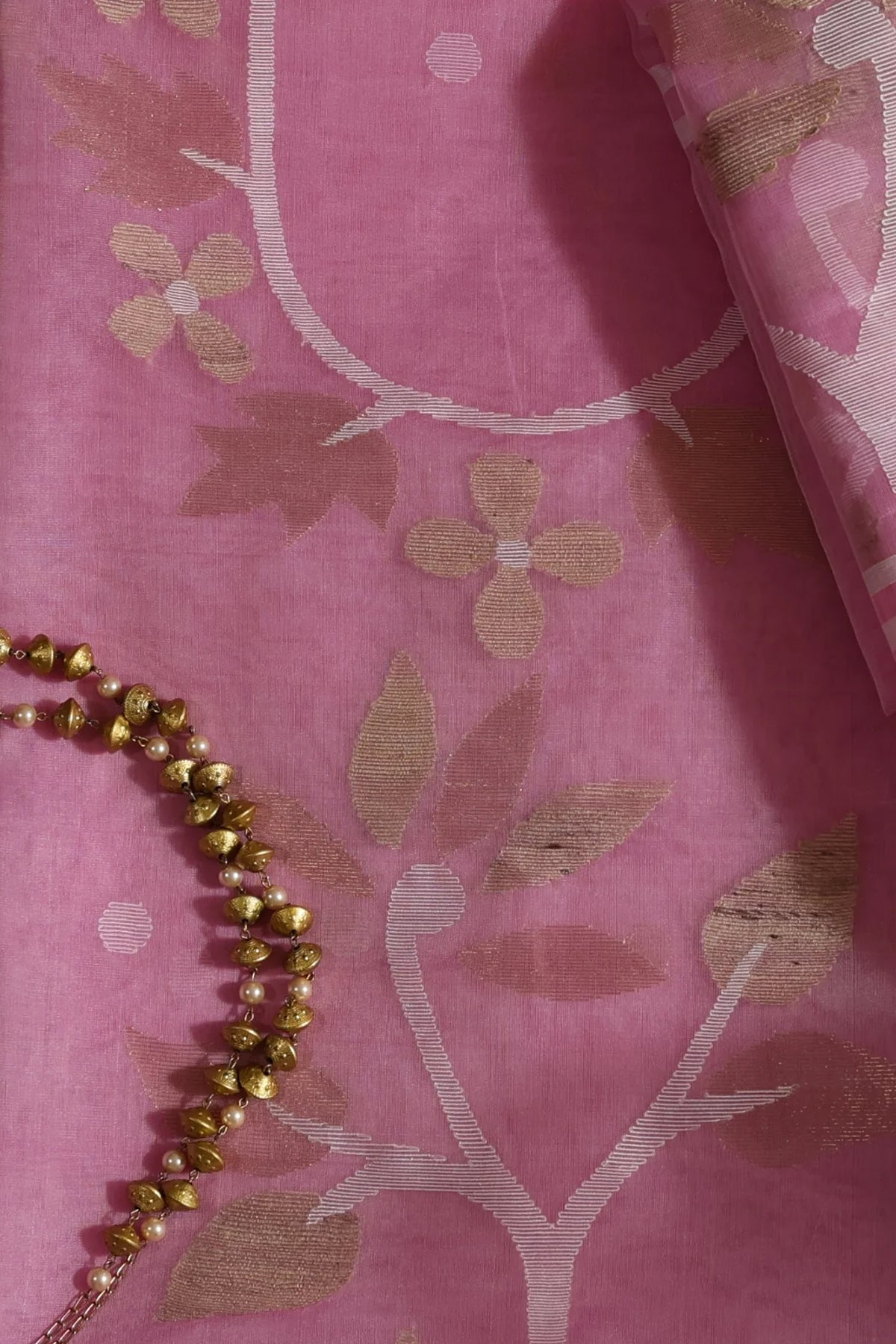 Brinda Muslin Organza Unstitched Suit Set in Pink Colour with White Motifs & Jamdani Weave - Indian Handloomz