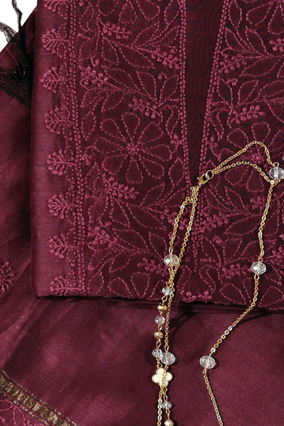 Mira Chanderi Silk Cotton Unstitched Suit Set in Burgundy Colour Embroidery Work with Zari Border - Indian Handloomz