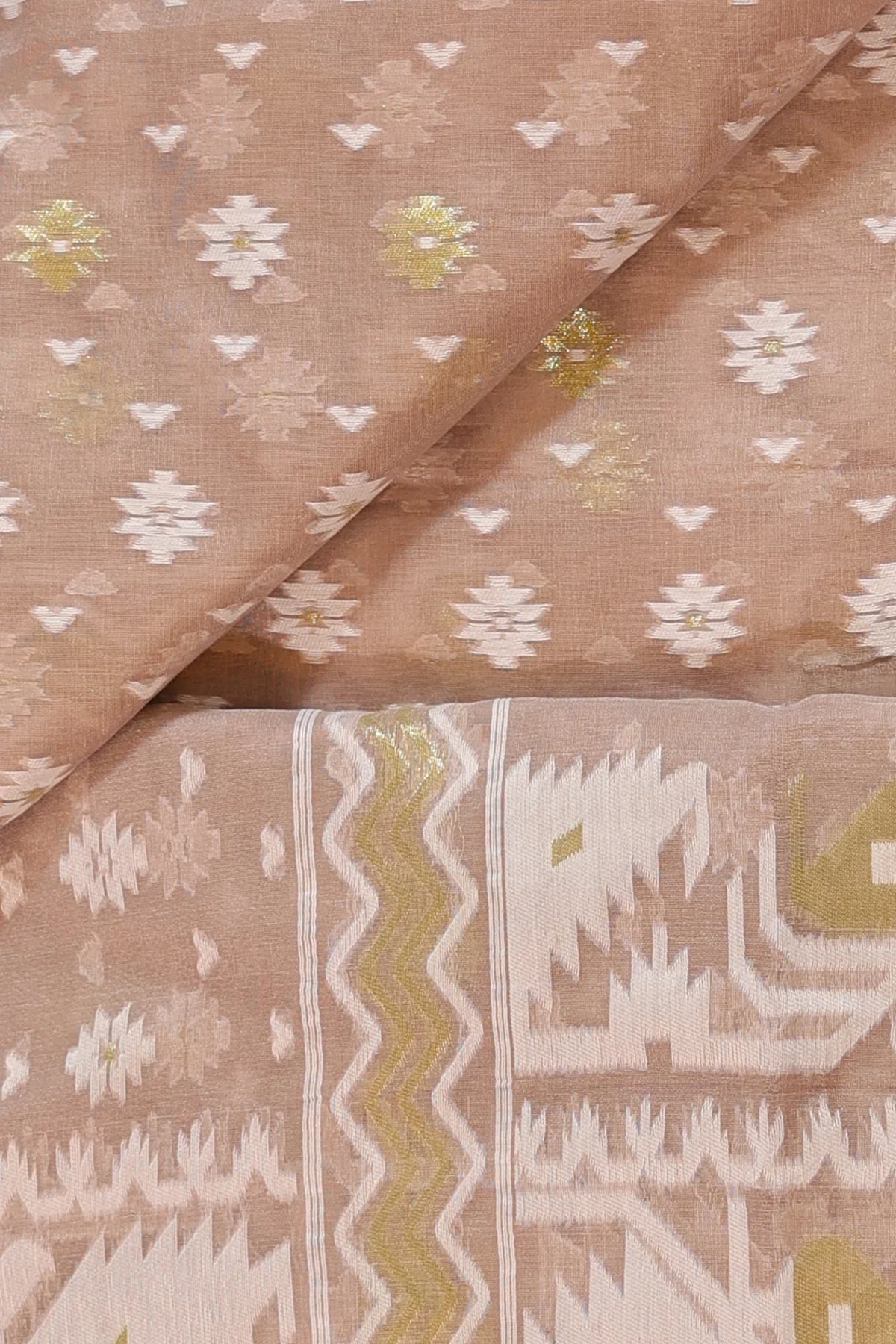 Oditi Cotton Silk Unstitched Suit Set in Khaki Colour with White & Golden Jamdani Weave - Indian Handloomz