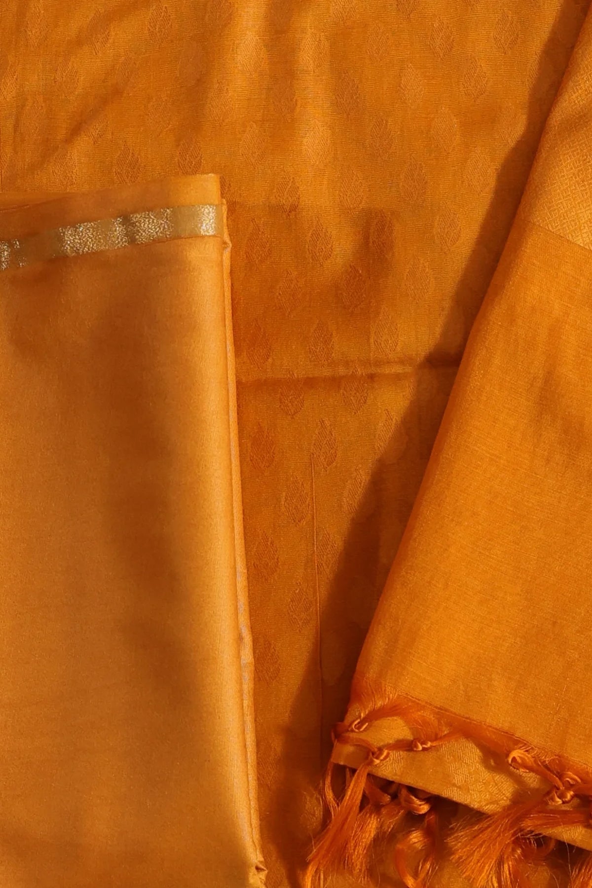 Taksha Pure Banarasi Cotton Silk Unstitched Suit Set in Golden Glow, Mustard Yellow Colour - Indian Handloomz