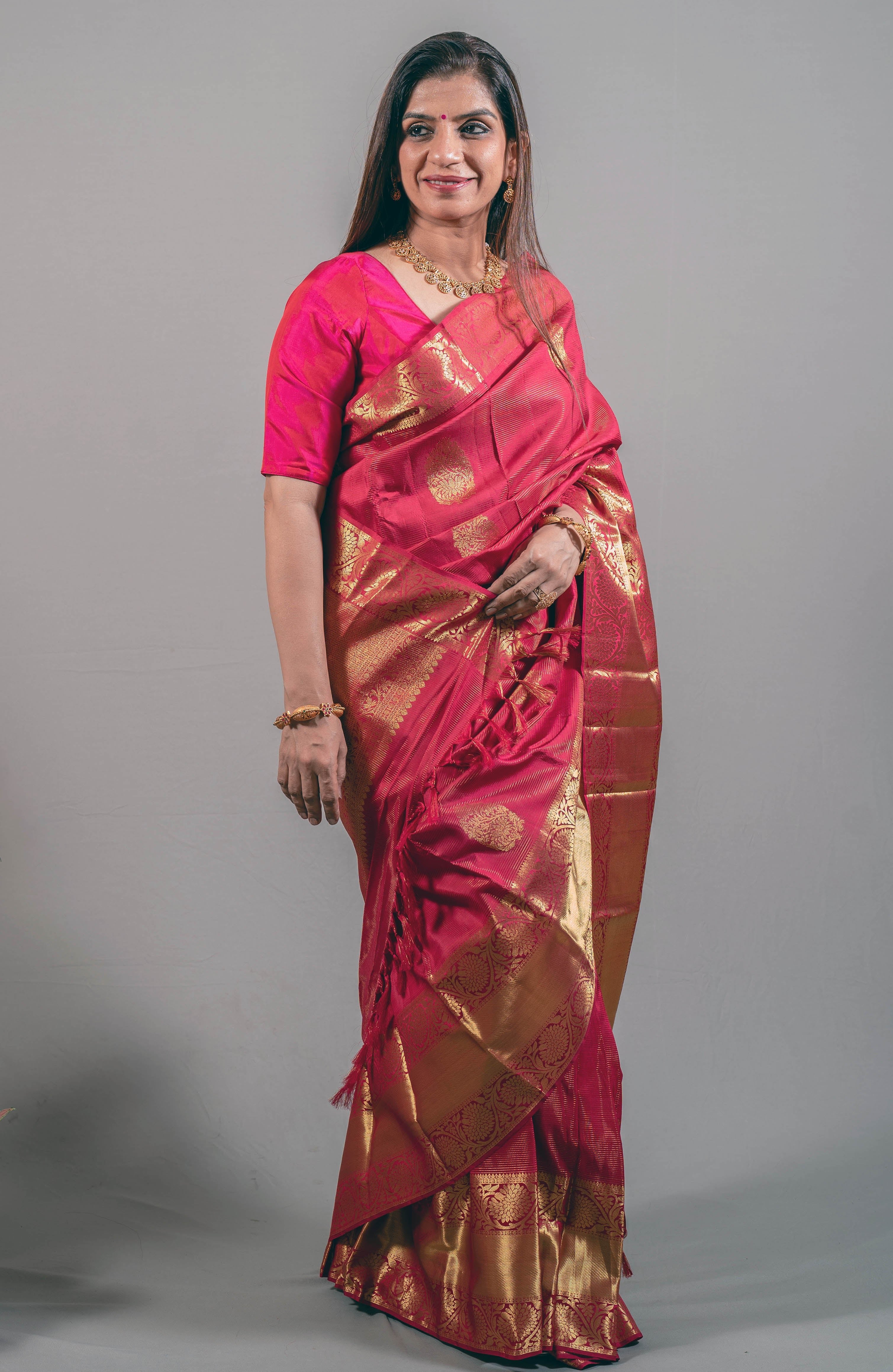 Mahek Pure Silk Kanjivaram Saree in Bright Dark Pink with Golden Lotus Motifs - Indian Handloomz