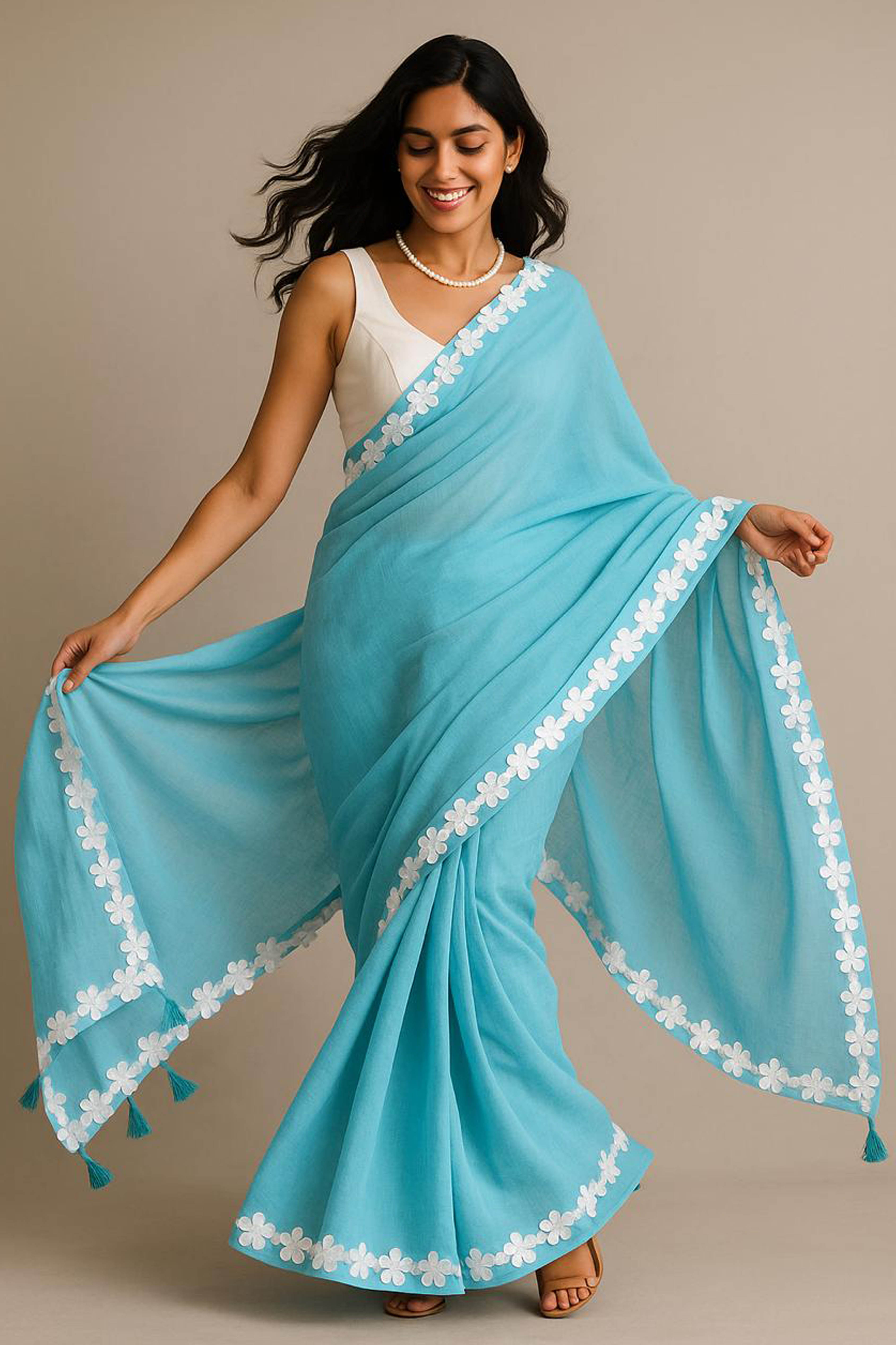 Neela Pure Mul Cotton Saree in Sky Blue with White Floral Lace