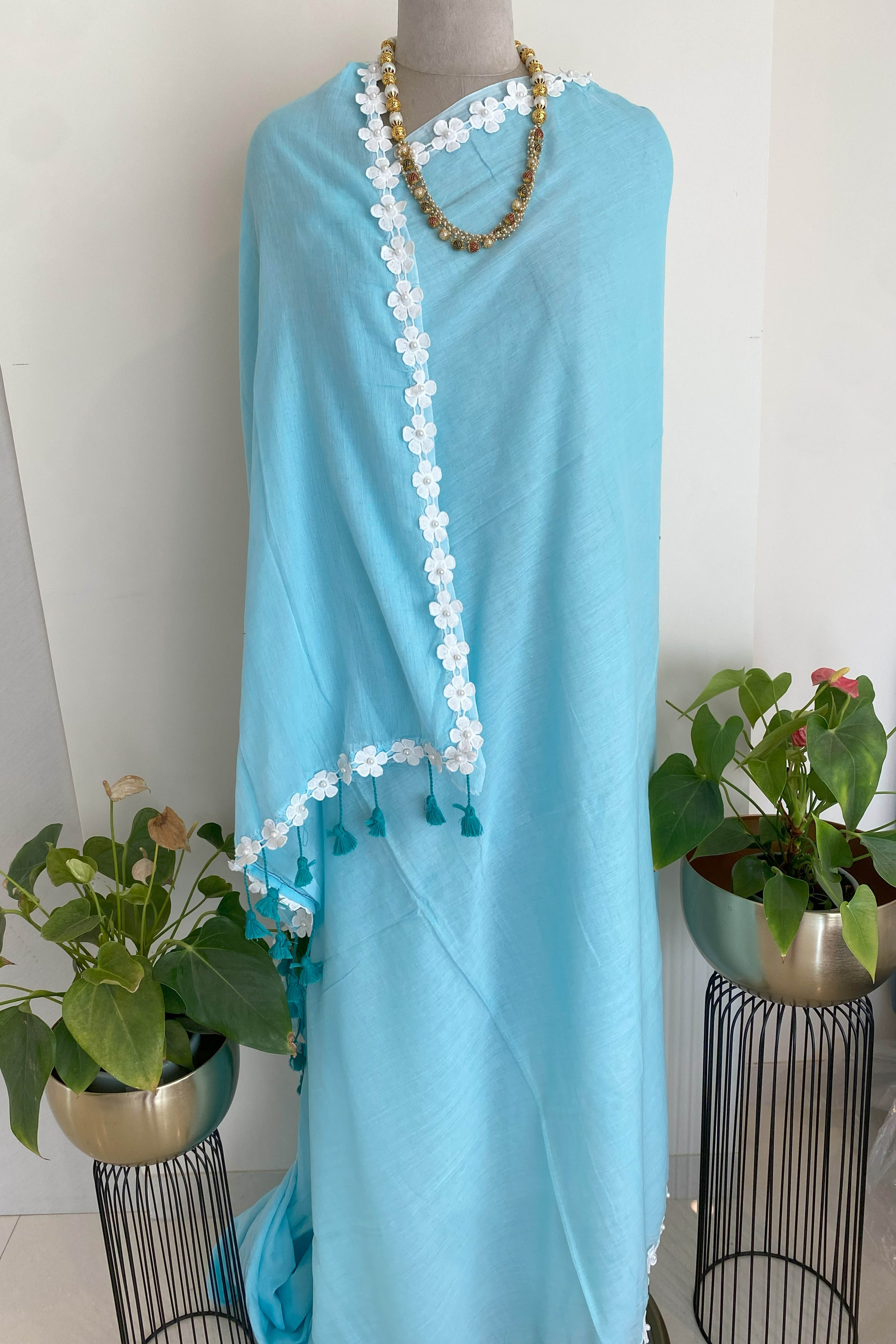 Neela Pure Mul Cotton Saree in Sky Blue with White Floral Lace