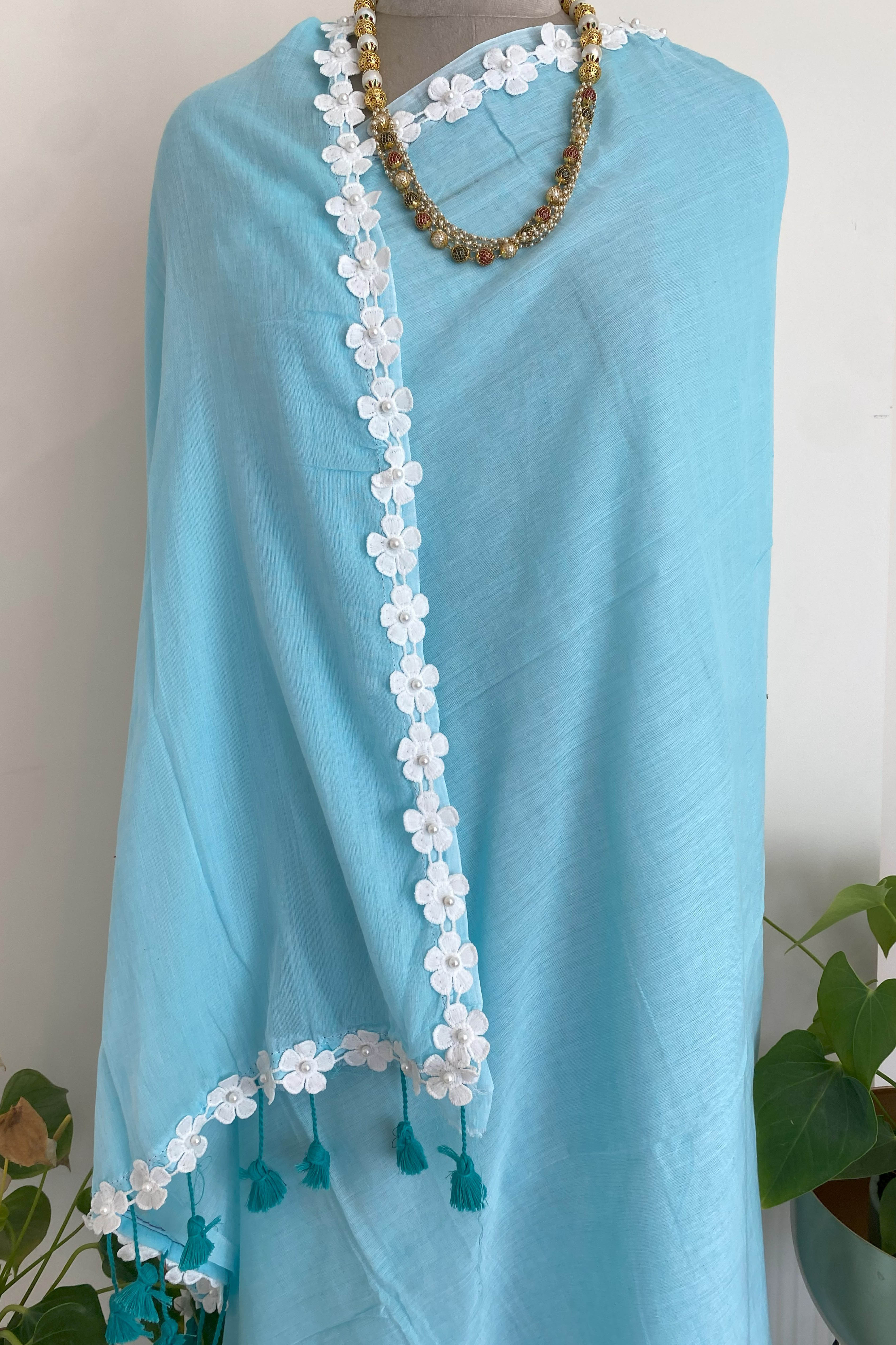 Neela Pure Mul Cotton Saree in Sky Blue with White Floral Lace