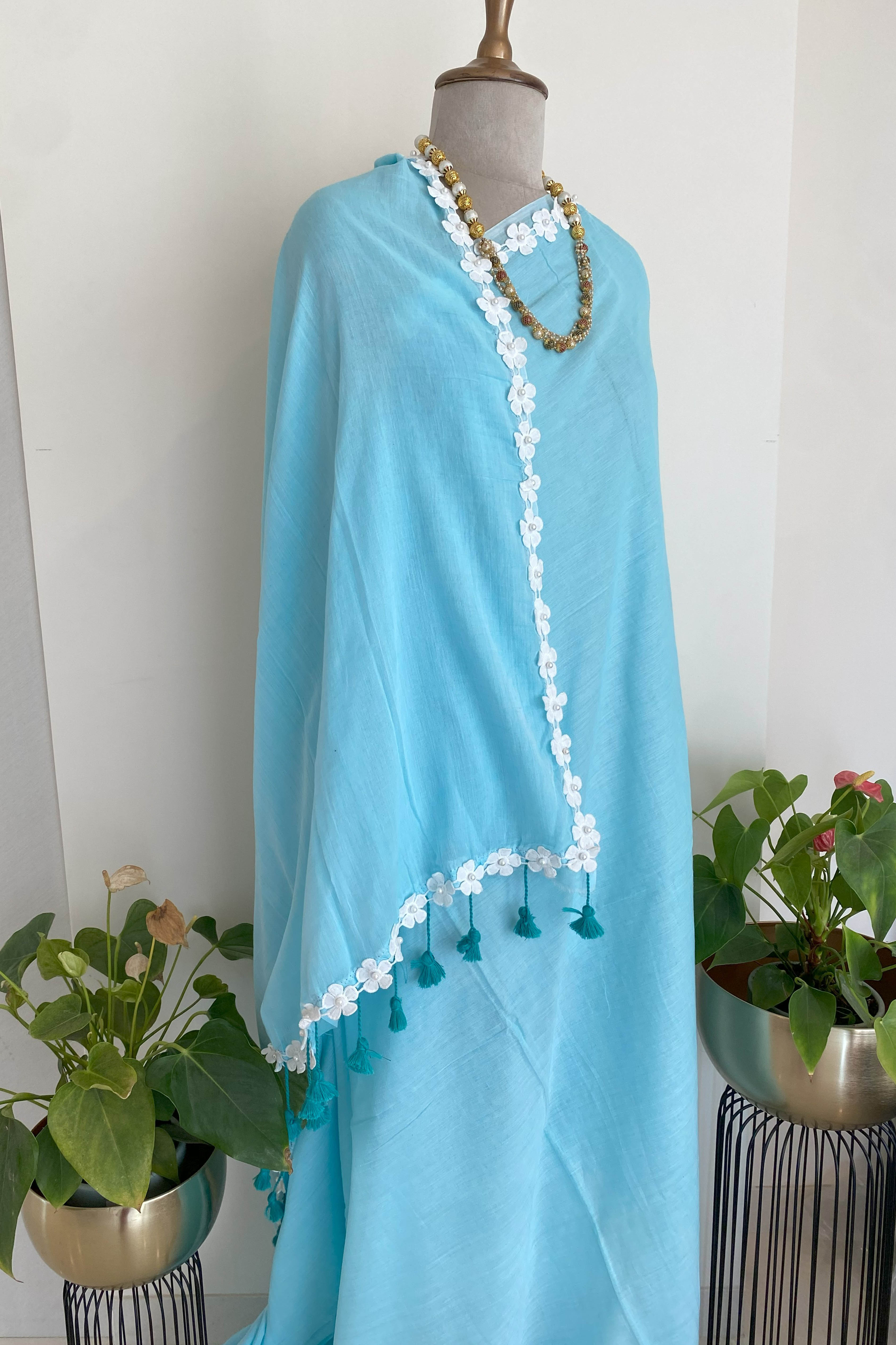Neela Pure Mul Cotton Saree in Sky Blue with White Floral Lace